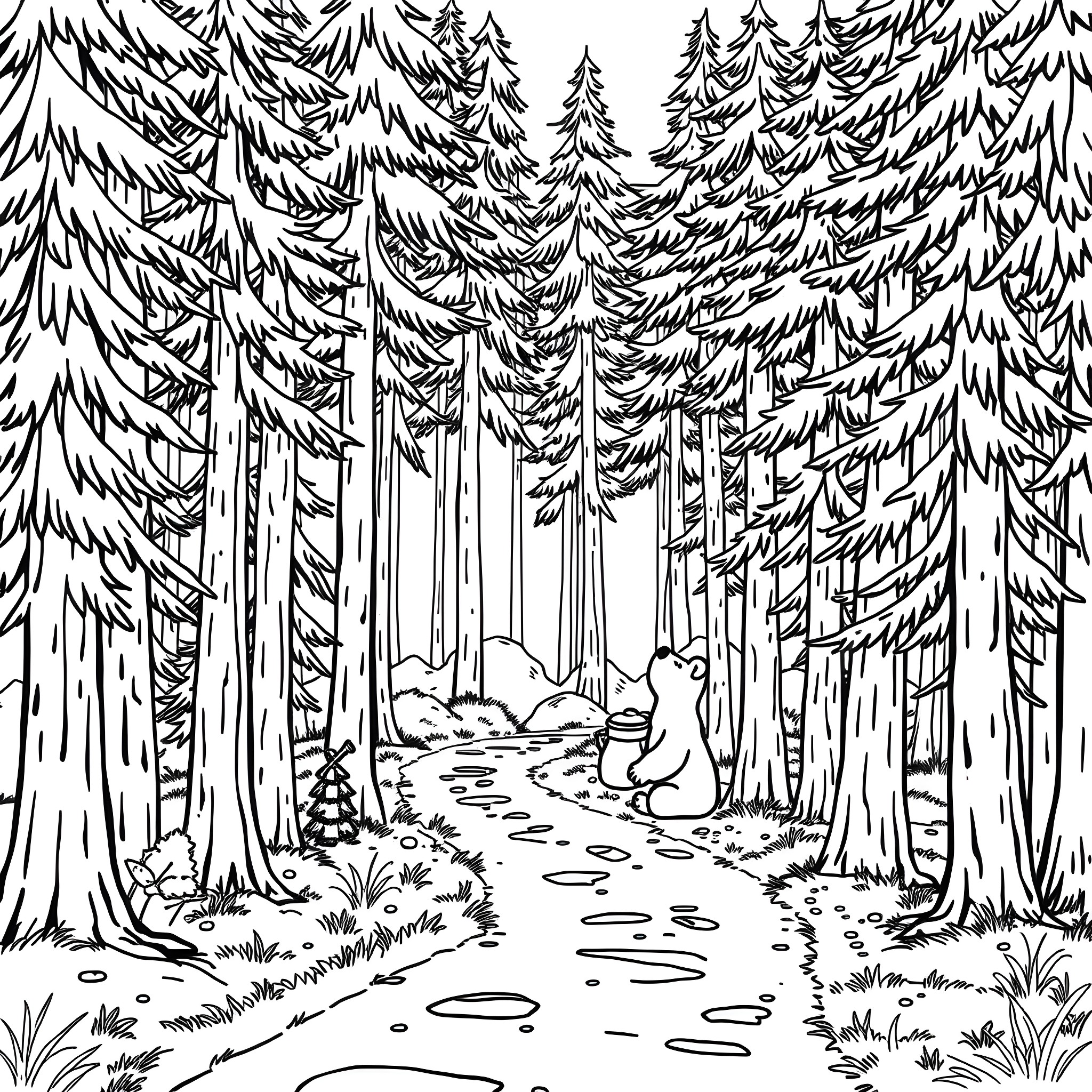 Bear wandering through the enchanted forest Coloring Page (free black-and-white line drawing printable PDF for all, from beginners to advanced learners, including children, teens, adults, and seniors)