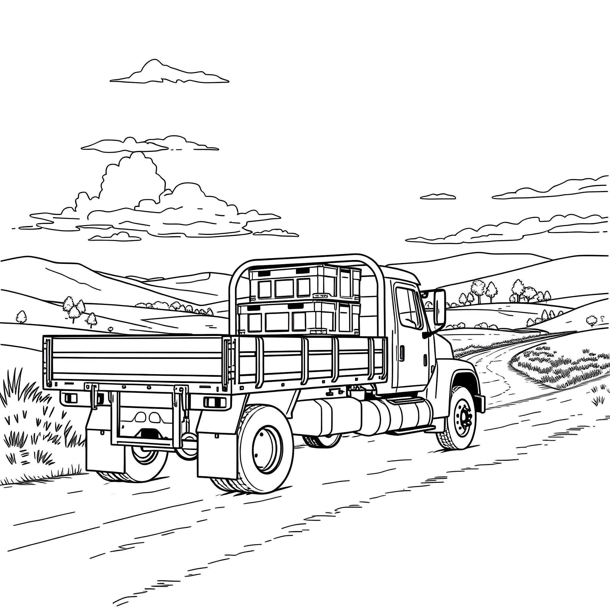 Truck transporting goods through rural landscape Coloring Page (free black-and-white line drawing printable PDF for all, from beginners to advanced learners, including children, teens, adults, and seniors)