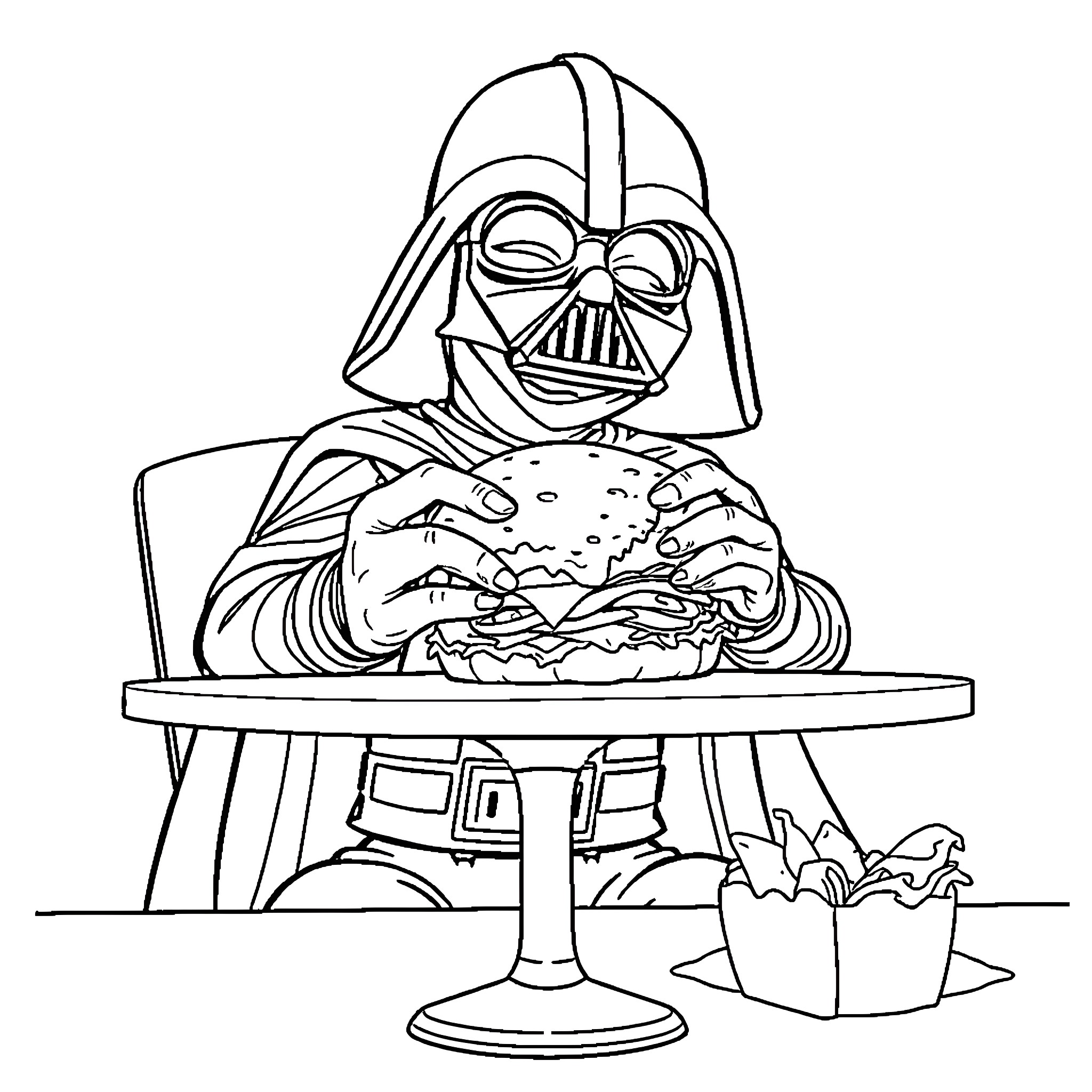 Earth Vader Enjoying a Tasty Burger Coloring Page (free black-and-white line drawing printable PDF for all, from beginners to advanced learners, including children, teens, adults, and seniors)