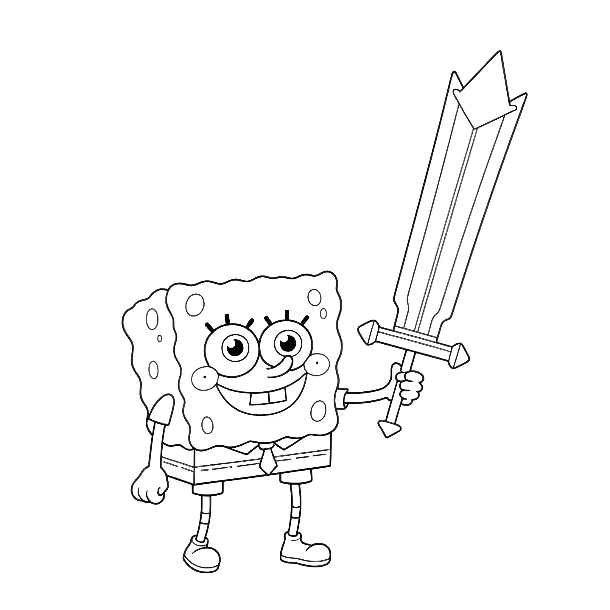 Spongebob holding a sword and looking enthusiastic Coloring Page (free black-and-white line drawing printable PDF for all, from beginners to advanced learners, including children, teens, adults, and seniors)