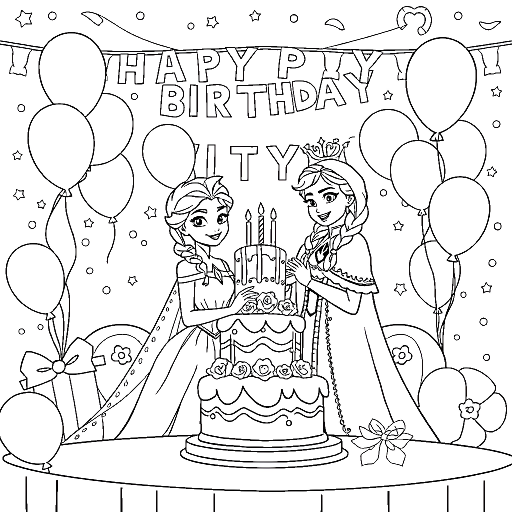 Elisa's Happy Birthday Celebration with Friends Coloring Page (free black-and-white line drawing printable PDF for all, from beginners to advanced learners, including children, teens, adults, and seniors)