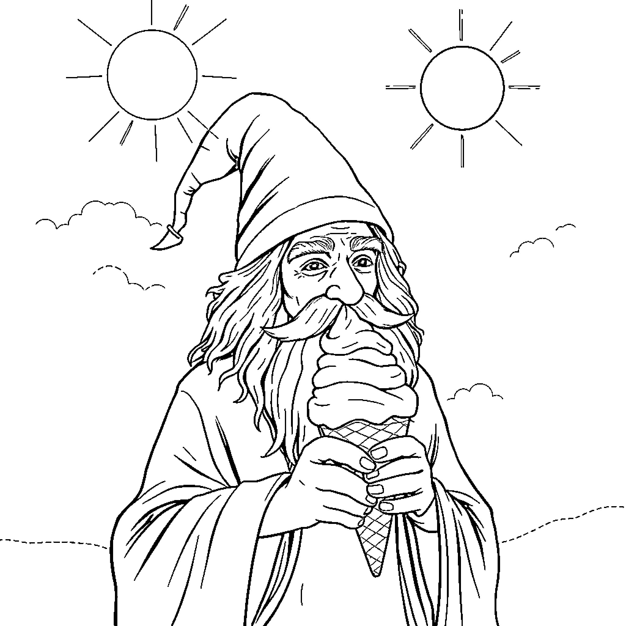 Gandalf the Wizard in Contemplative Pose Coloring Page (free black-and-white line drawing printable PDF for all, from beginners to advanced learners, including children, teens, adults, and seniors)