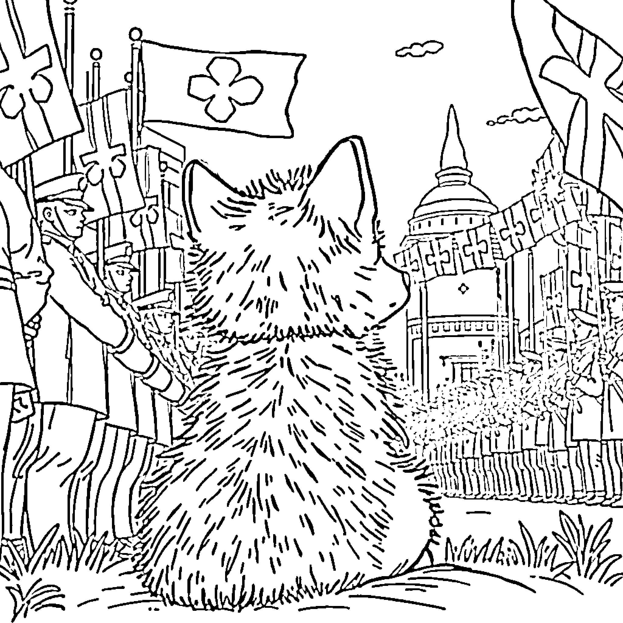 Wolf wandering through a busy city landscape Coloring Page (free black-and-white line drawing printable PDF for all, from beginners to advanced learners, including children, teens, adults, and seniors)
