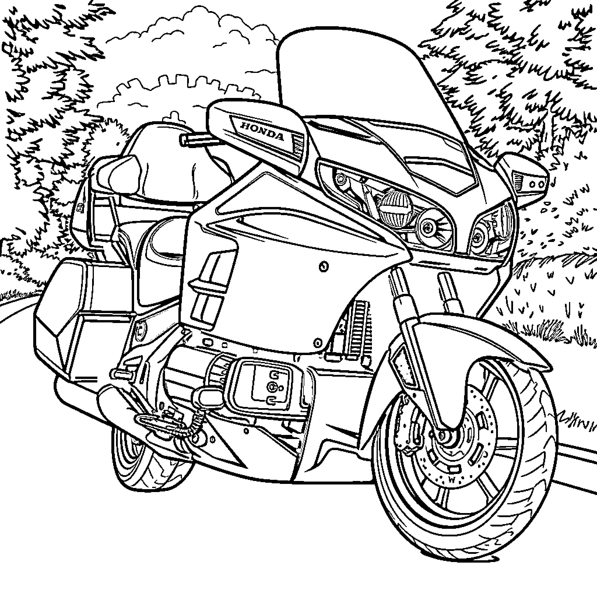 Honda Goldwing motorcycle in scenic nature setting Coloring Page (free black-and-white line drawing printable PDF for all, from beginners to advanced learners, including children, teens, adults, and seniors)