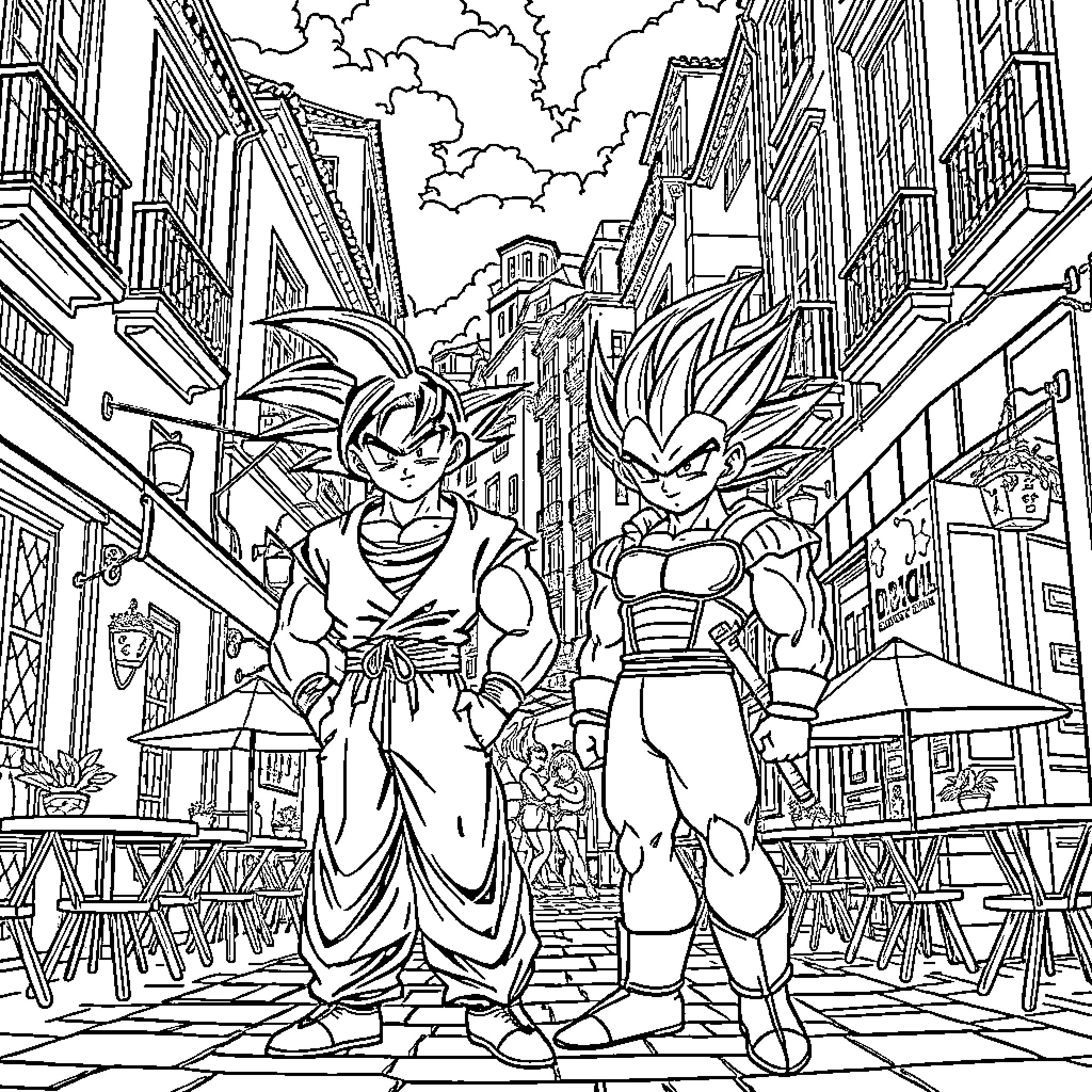 Dragon Ball Characters in Vibrant City Scene Coloring Page (free black-and-white line drawing printable PDF for all, from beginners to advanced learners, including children, teens, adults, and seniors)