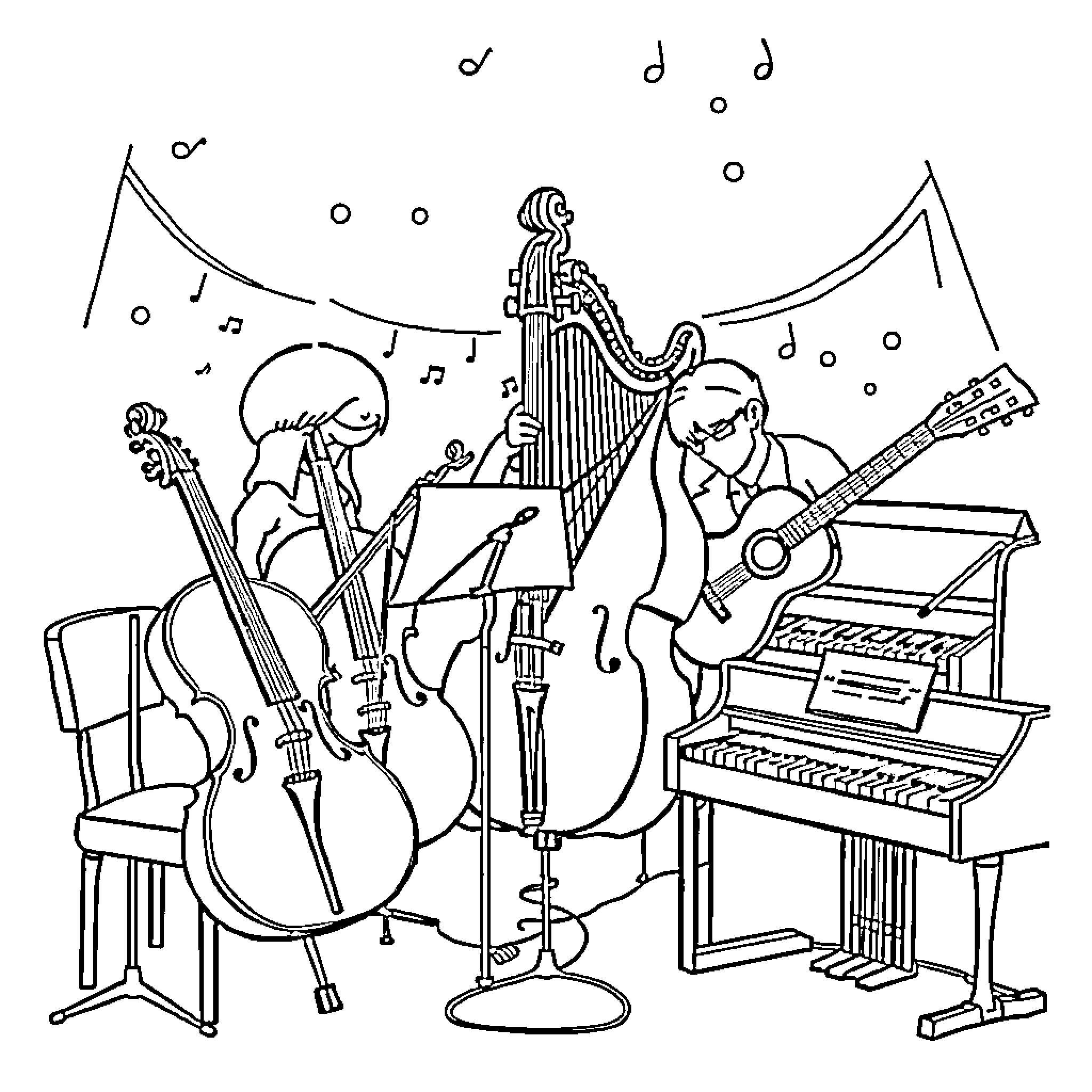 Musical Instrument Performance with Musicians on Stage Coloring Page (free black-and-white line drawing printable PDF for all, from beginners to advanced learners, including children, teens, adults, and seniors)