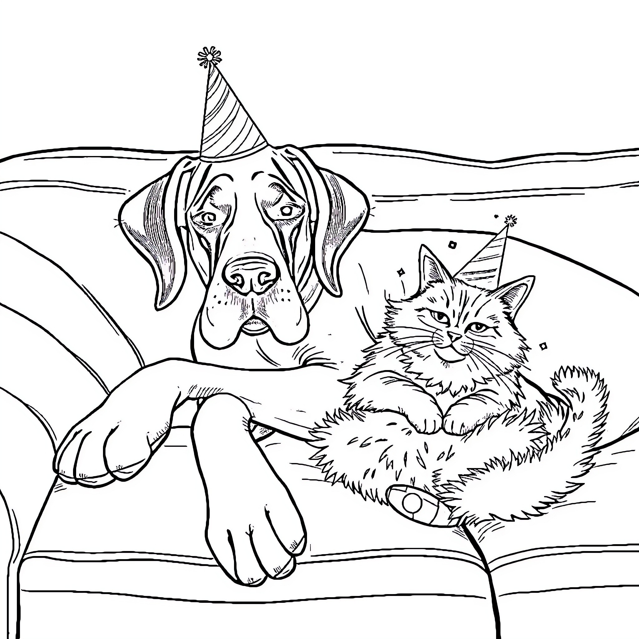 Great Dane and Furry Cat Celebrate with Party Hats Coloring Page (free black-and-white line drawing printable PDF for all, from beginners to advanced learners, including children, teens, adults, and seniors)