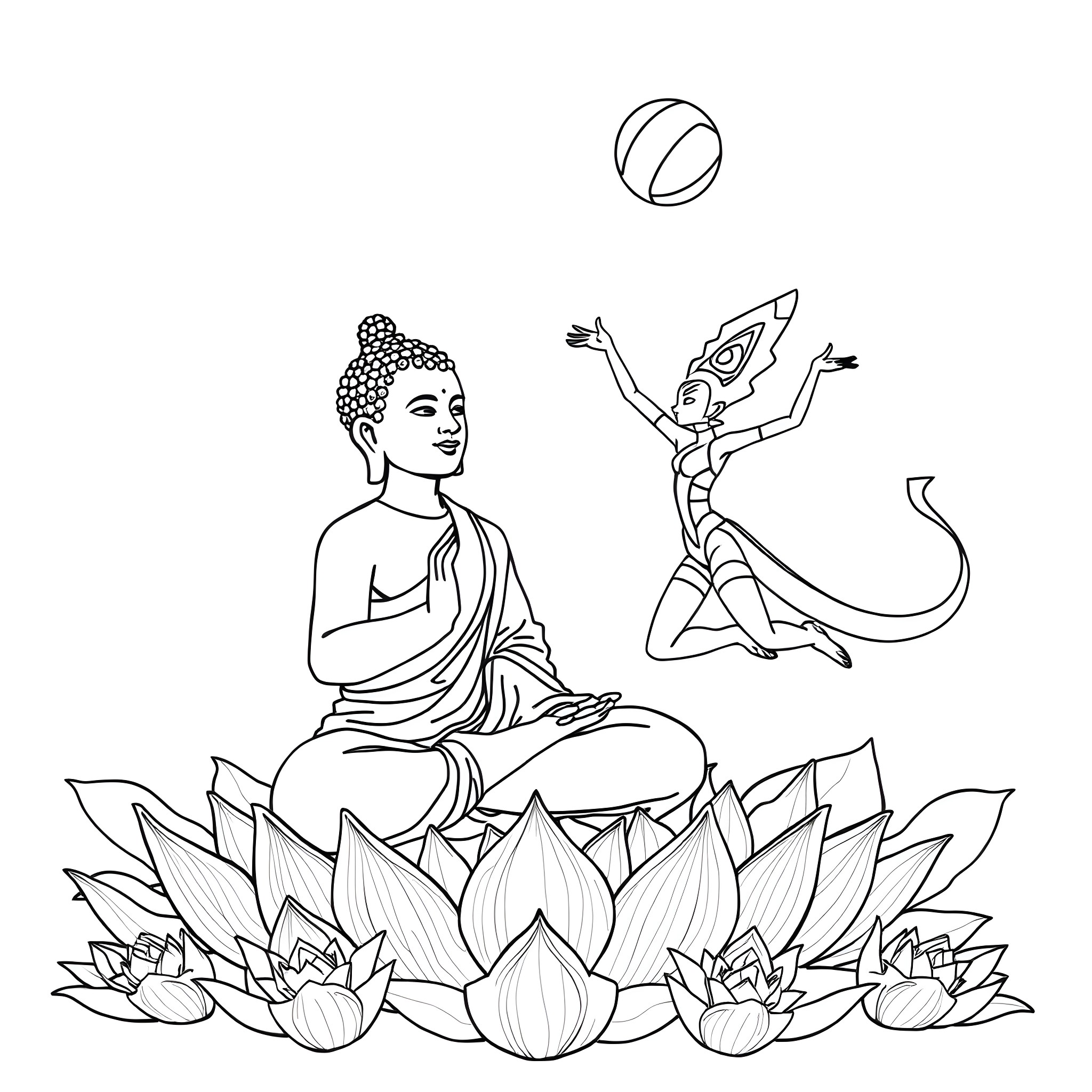 Buddha among lotus flowers with joyful dancers Coloring Page (free black-and-white line drawing printable PDF for all, from beginners to advanced learners, including children, teens, adults, and seniors)