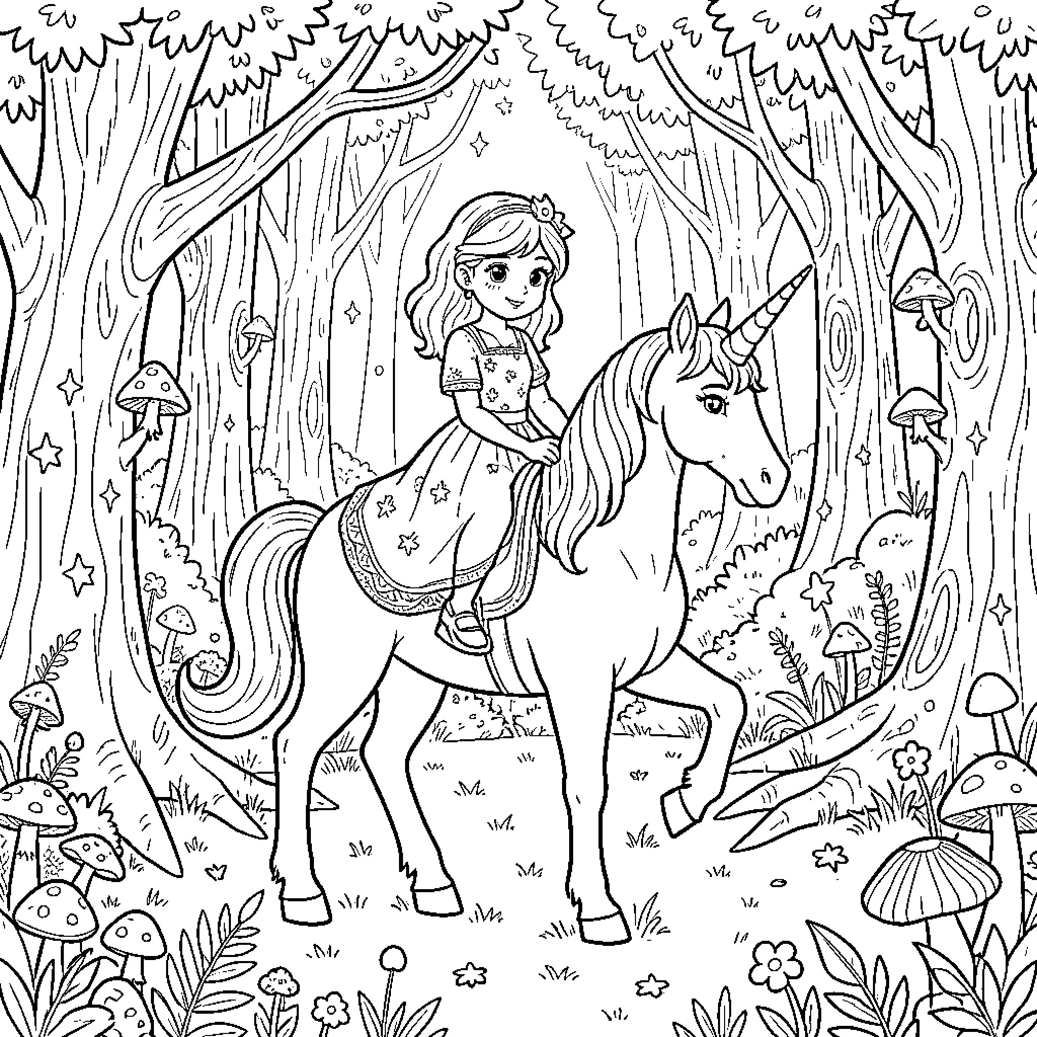 Licorne being ridden by a girl in the woods Coloring Page (free black-and-white line drawing printable PDF for all, from beginners to advanced learners, including children, teens, adults, and seniors)