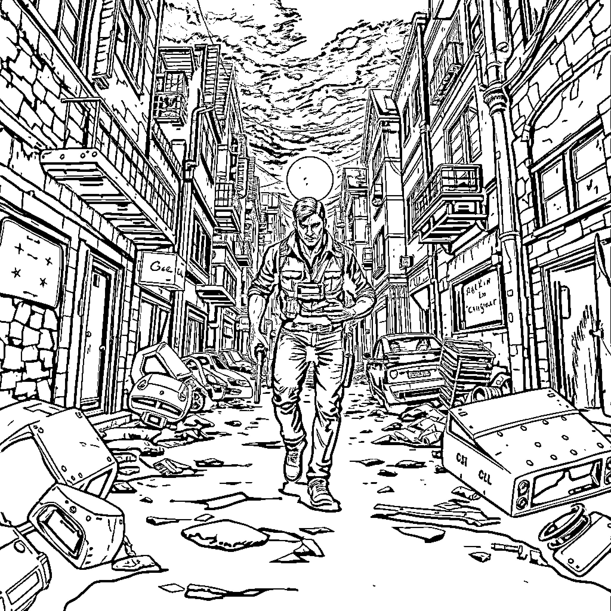 Leon's Intense Urban Adventure Coloring Page (free black-and-white line drawing printable PDF for all, from beginners to advanced learners, including children, teens, adults, and seniors)