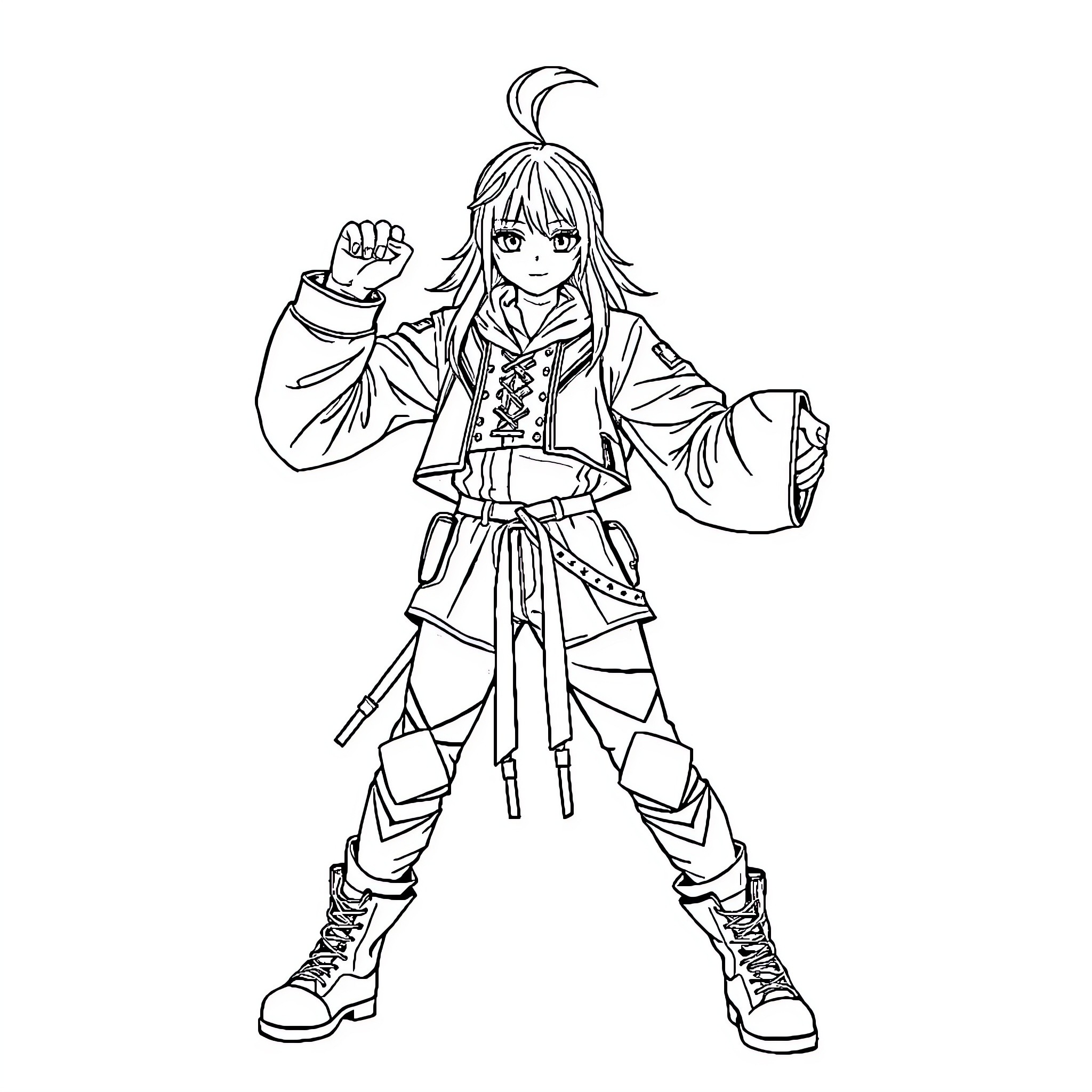 K Pop Warrior Strikes a Confident Pose Coloring Page (free black-and-white line drawing printable PDF for all, from beginners to advanced learners, including children, teens, adults, and seniors)