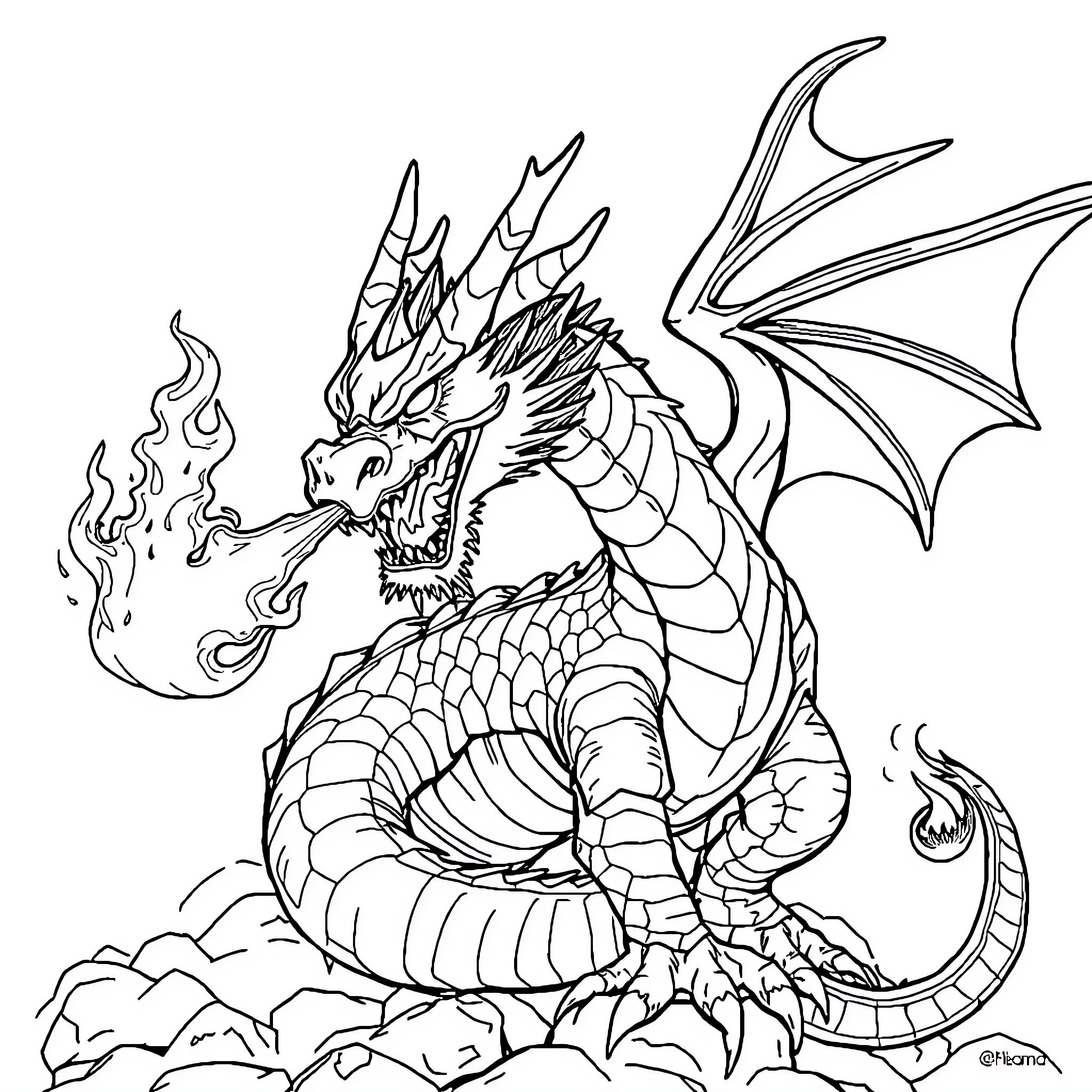 Dragon unleashing fiery breath in action Coloring Page (free black-and-white line drawing printable PDF for all, from beginners to advanced learners, including children, teens, adults, and seniors)