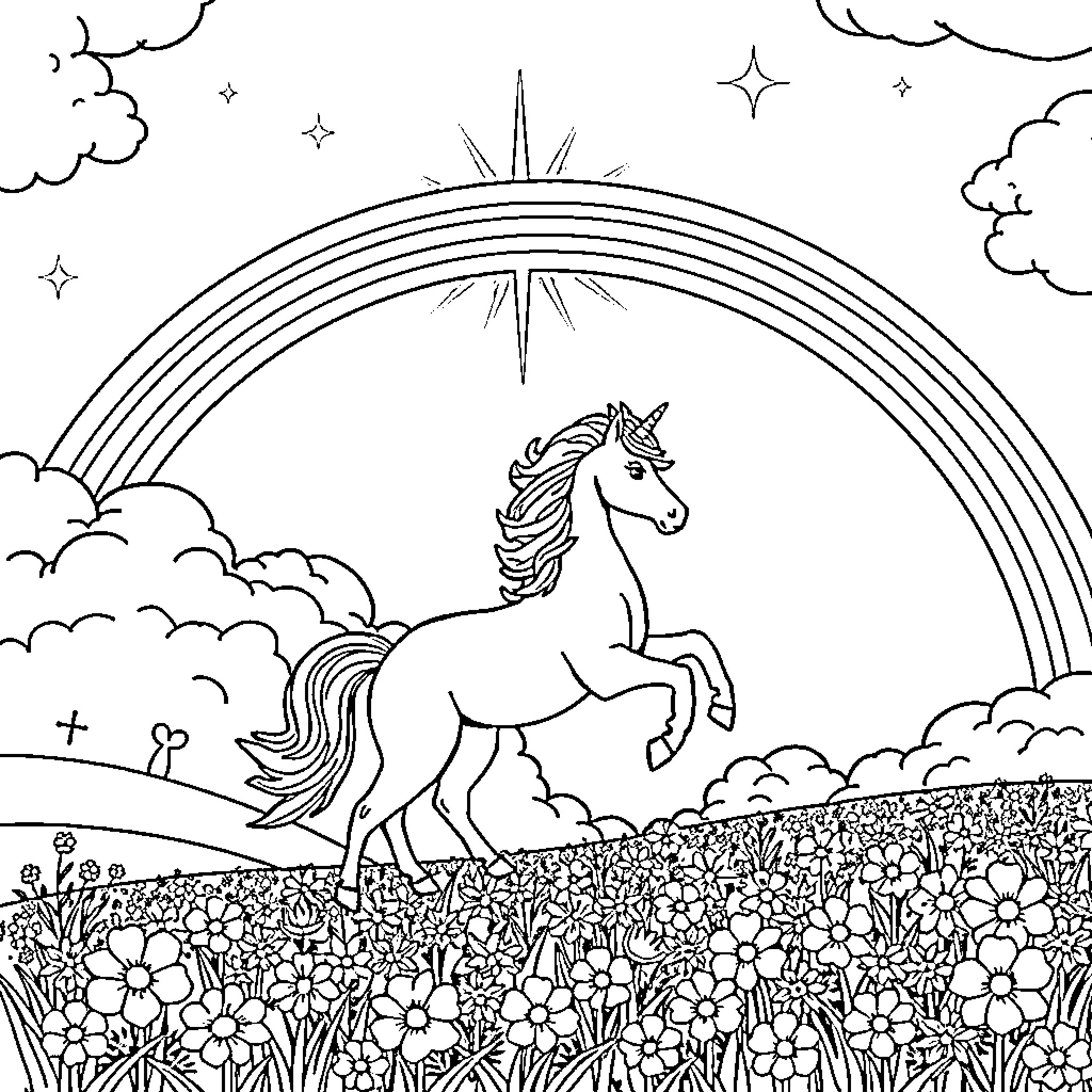 Unicorn galloping through a magical meadow Coloring Page (free black-and-white line drawing printable PDF for all, from beginners to advanced learners, including children, teens, adults, and seniors)