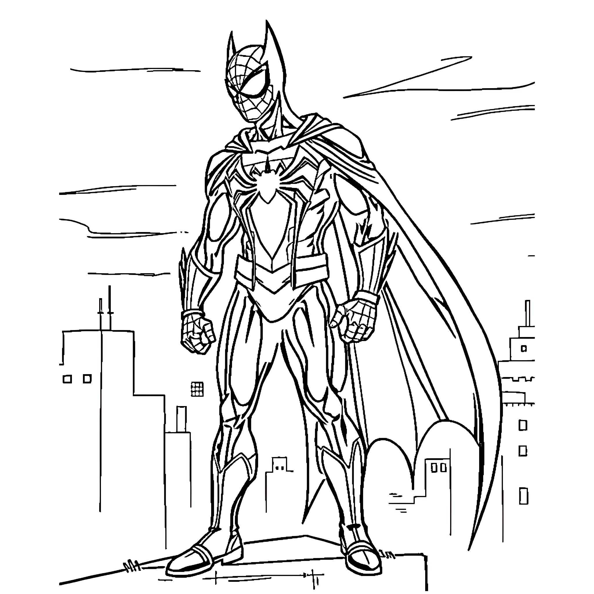Spiderman posing heroically in the city Coloring Page (free black-and-white line drawing printable PDF for all, from beginners to advanced learners, including children, teens, adults, and seniors)