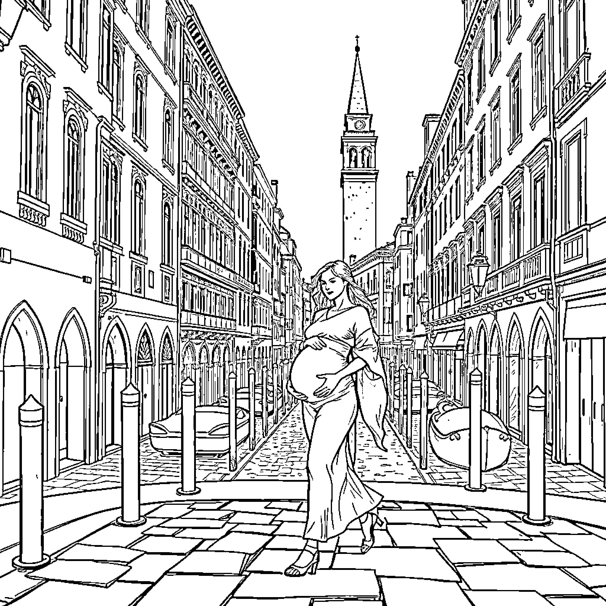 Pregnant woman strolling through historic Italian city Coloring Page (free black-and-white line drawing printable PDF for all, from beginners to advanced learners, including children, teens, adults, and seniors)