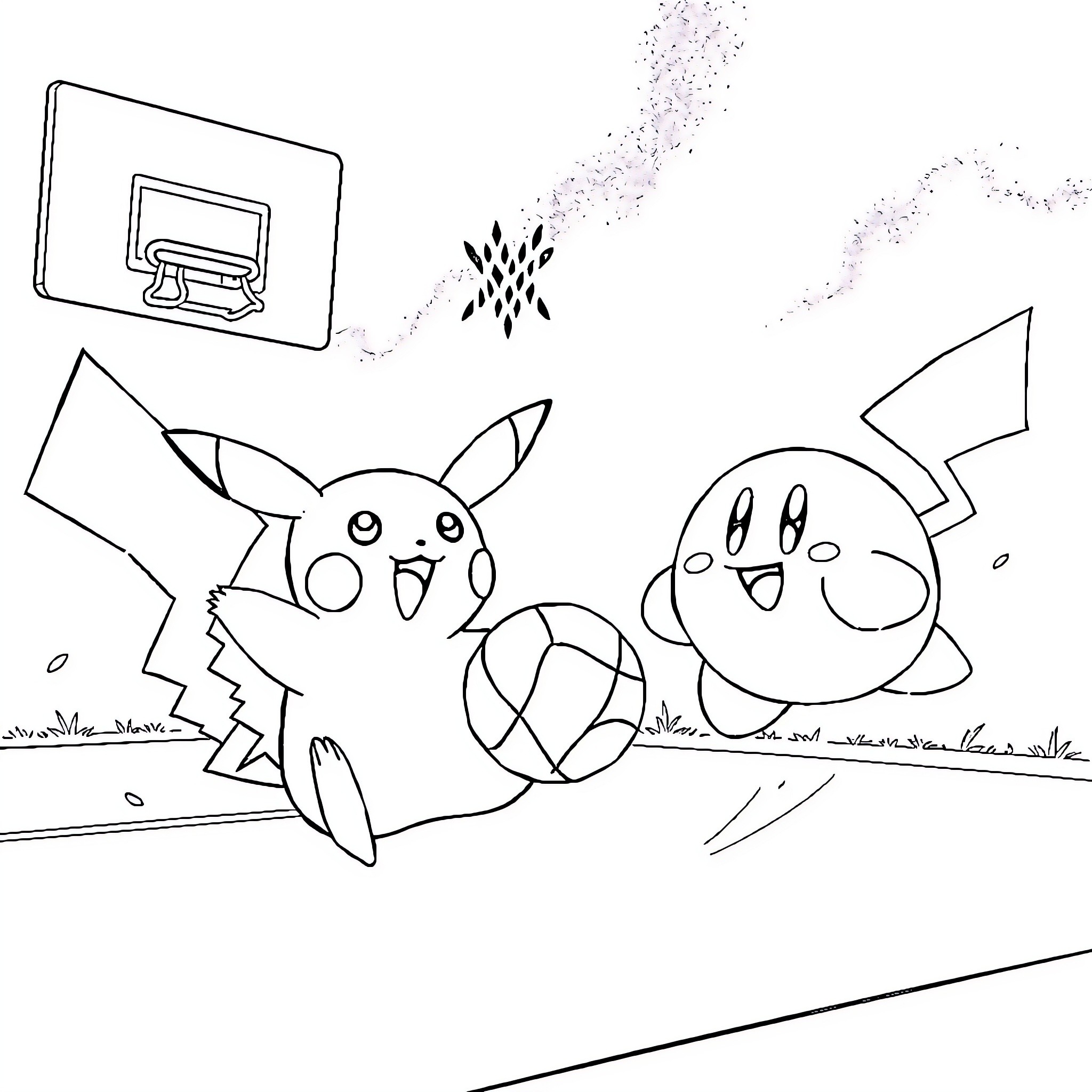Pikachu and Kirby playing joyfully in the park Coloring Page (free black-and-white line drawing printable PDF for all, from beginners to advanced learners, including children, teens, adults, and seniors)