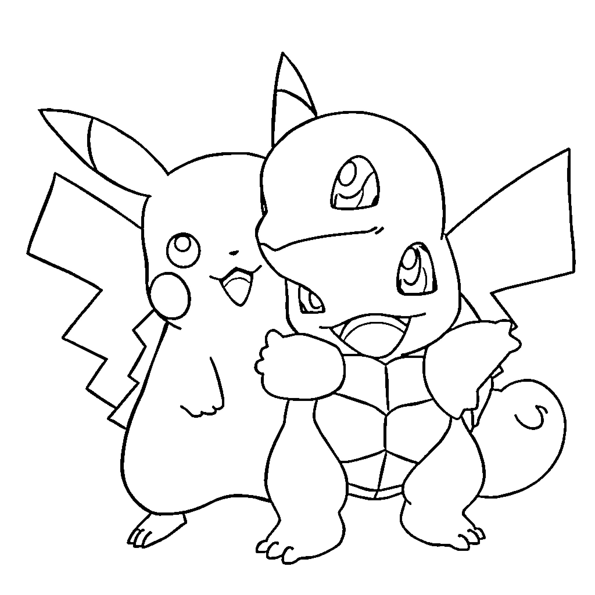 Pikachu and Squirtle playing together Coloring Page (free black-and-white line drawing printable PDF for all, from beginners to advanced learners, including children, teens, adults, and seniors)