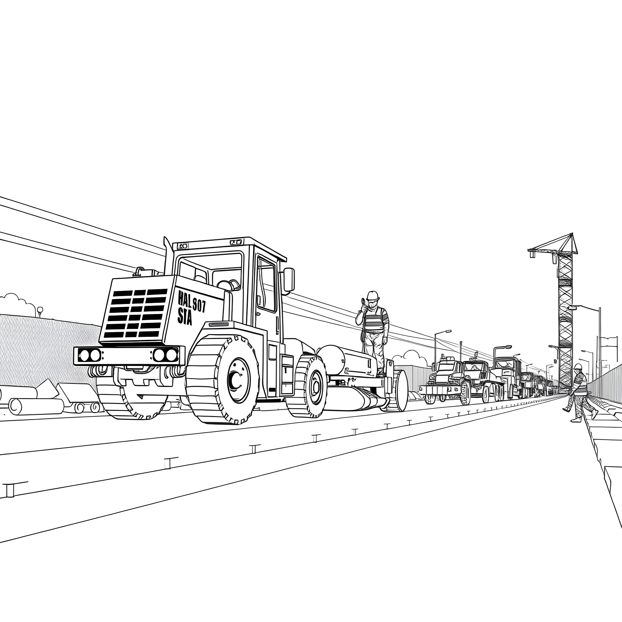 Asphalt Paver Operates Heavy Machinery on Construction Site Coloring Page (free black-and-white line drawing printable PDF for all, from beginners to advanced learners, including children, teens, adults, and seniors)