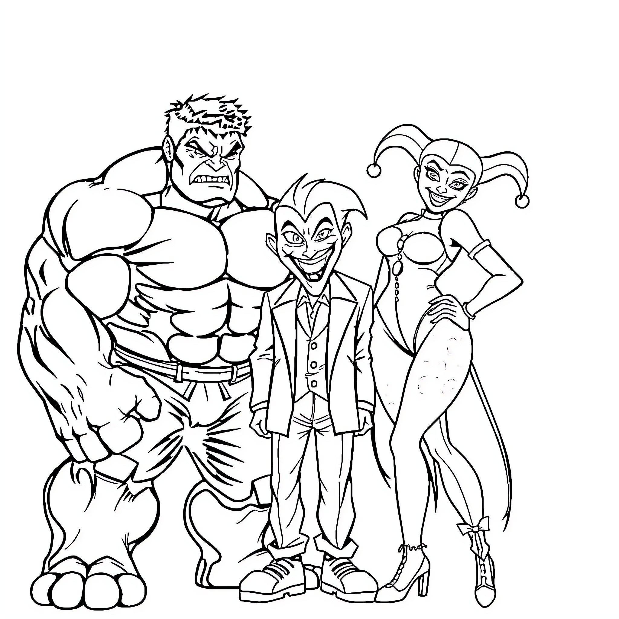 Hulk, Joker, and Harley Quinn in a Playful Pose Coloring Page (free black-and-white line drawing printable PDF for all, from beginners to advanced learners, including children, teens, adults, and seniors)