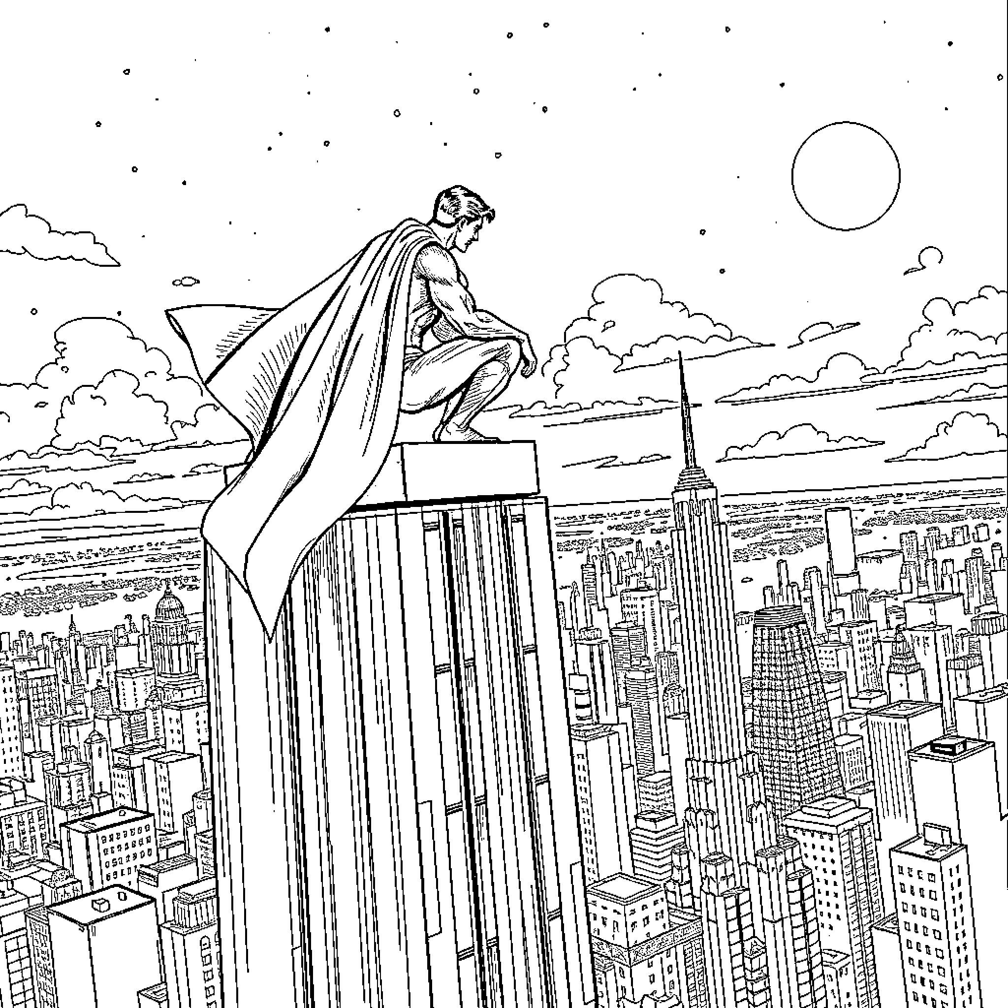 Superman overlooking the city at night Coloring Page (free black-and-white line drawing printable PDF for all, from beginners to advanced learners, including children, teens, adults, and seniors)