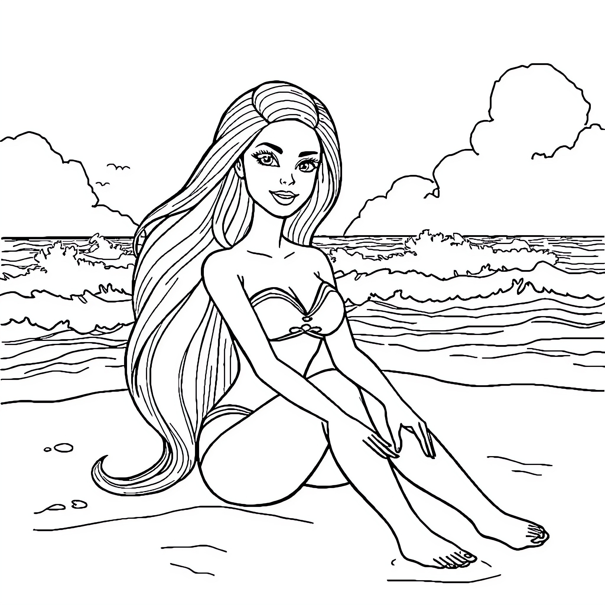 Barbie relaxing on the beach Coloring Page (free black-and-white line drawing printable PDF for all, from beginners to advanced learners, including children, teens, adults, and seniors)