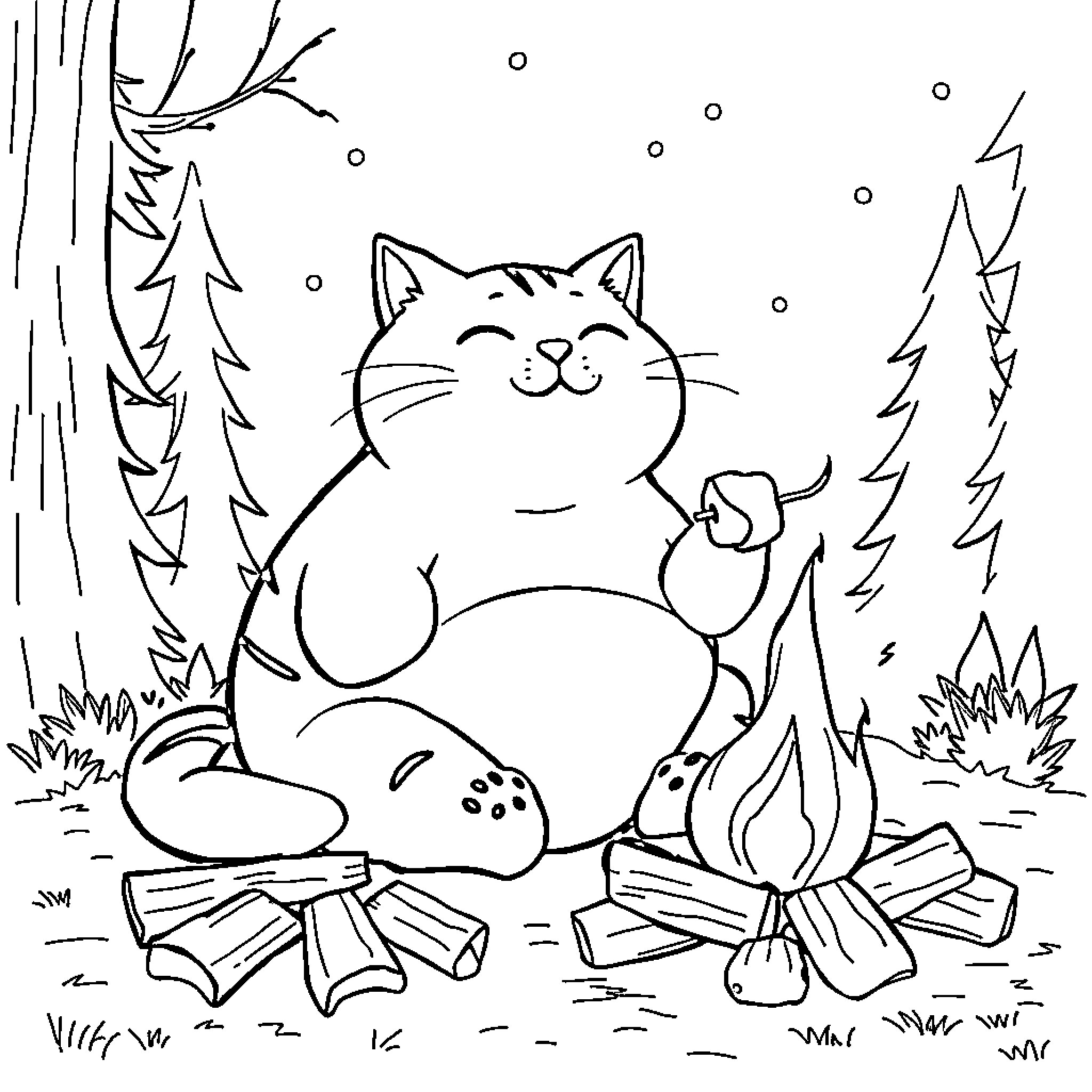 Cat enjoying cozy campfire in the forest Coloring Page (free black-and-white line drawing printable PDF for all, from beginners to advanced learners, including children, teens, adults, and seniors)