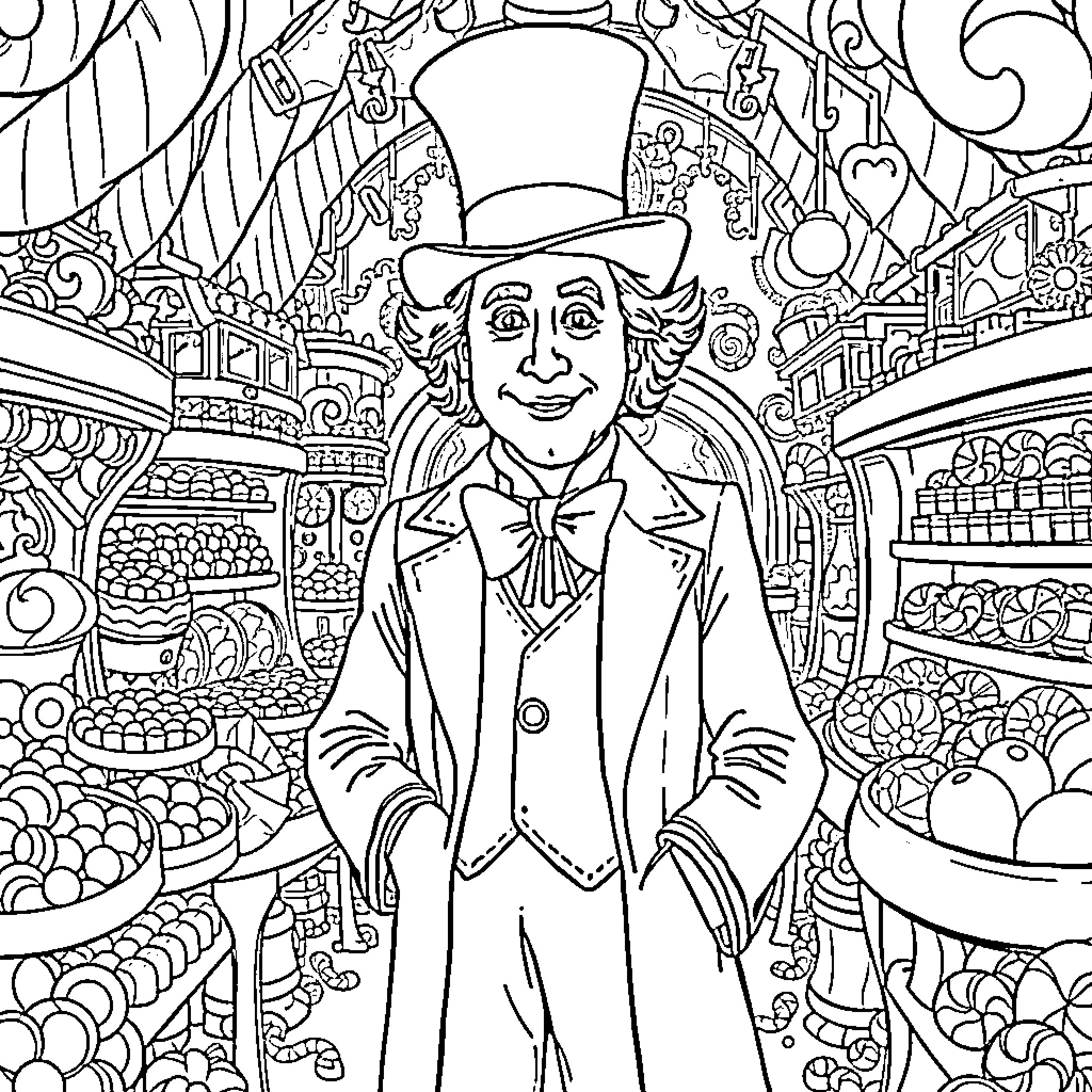 Willy Wonka's Whimsical Wonderland Coloring Page (free black-and-white line drawing printable PDF for all, from beginners to advanced learners, including children, teens, adults, and seniors)