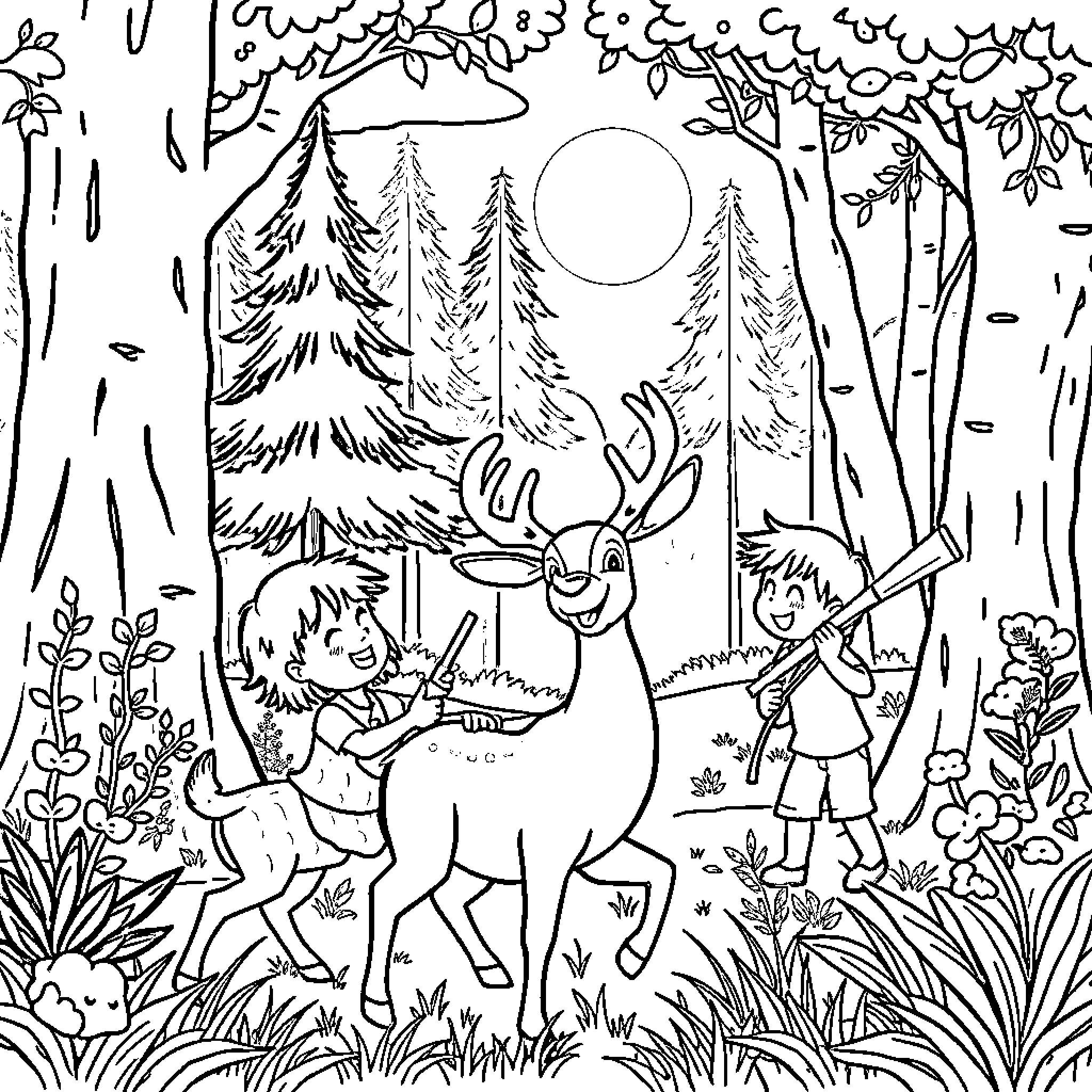 Kid exploring the forest with a deer Coloring Page (free black-and-white line drawing printable PDF for all, from beginners to advanced learners, including children, teens, adults, and seniors)