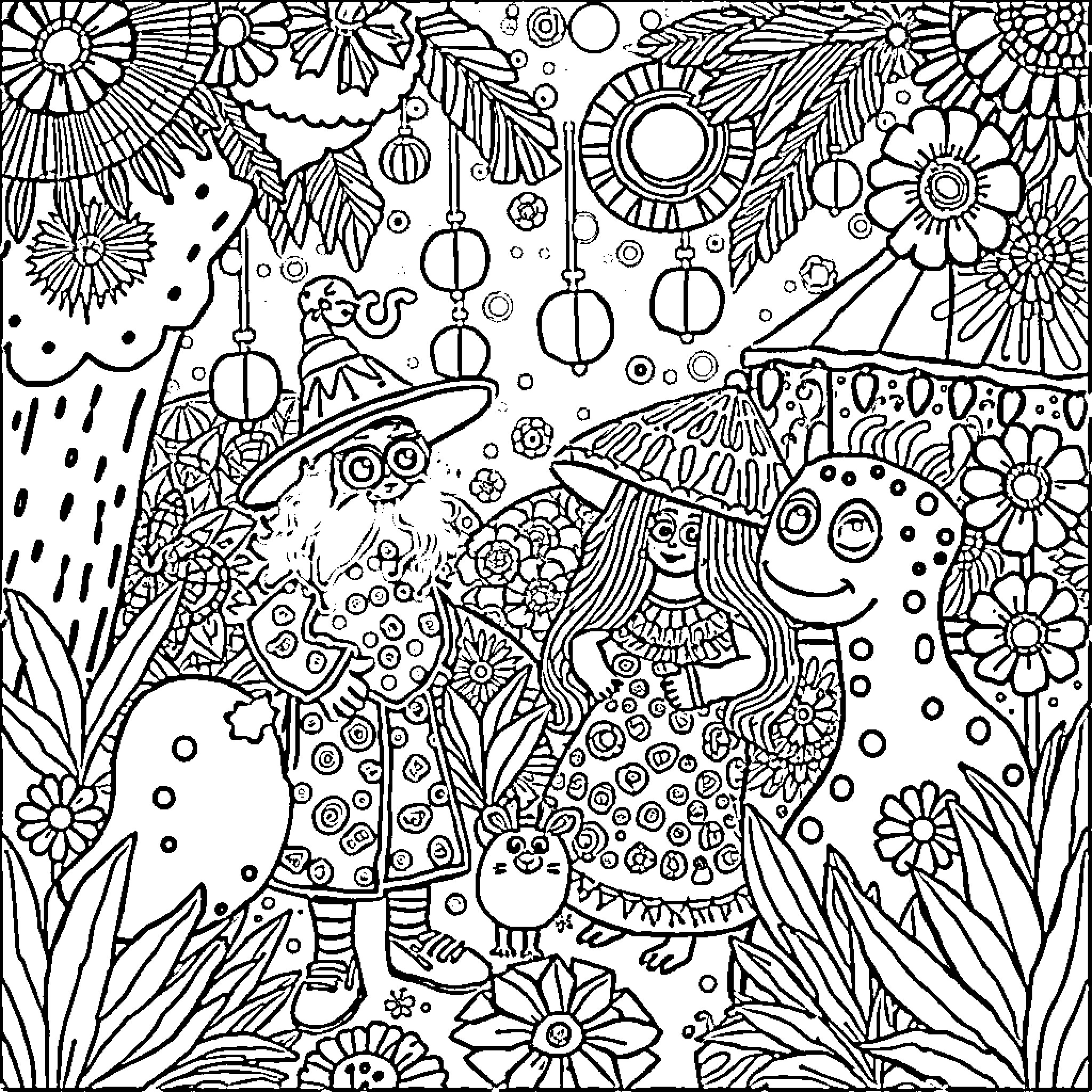 Coco Wyo's Fantastical Floral Adventure Coloring Page (free black-and-white line drawing printable PDF for all, from beginners to advanced learners, including children, teens, adults, and seniors)