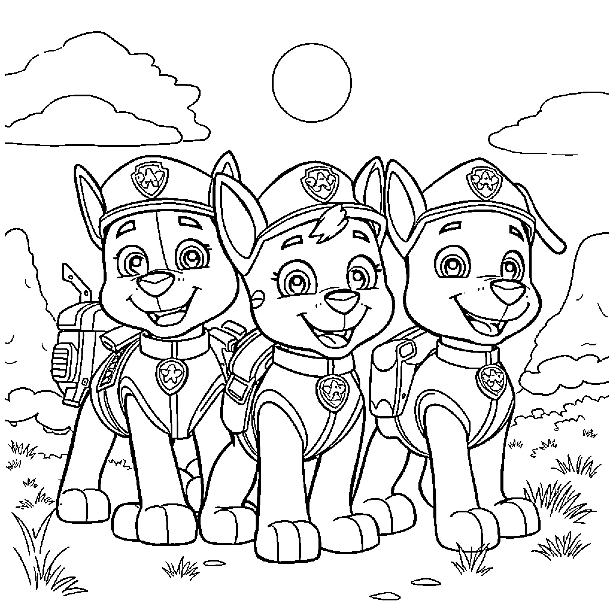 Paw Patrol Pups on Outdoor Adventure Coloring Page (free black-and-white line drawing printable PDF for all, from beginners to advanced learners, including children, teens, adults, and seniors)