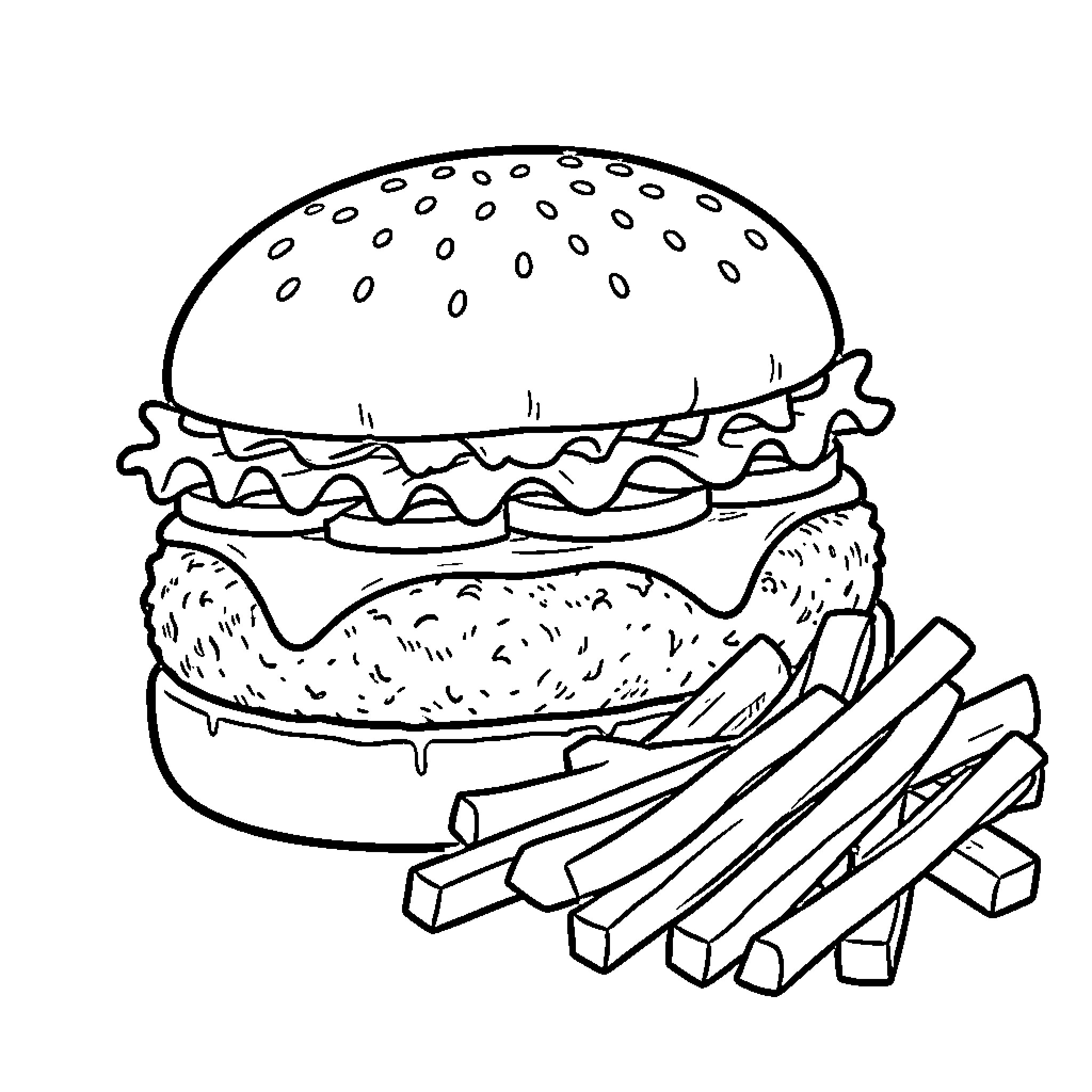 Hamburger and Fries on Plate Coloring Page (free black-and-white line drawing printable PDF for all, from beginners to advanced learners, including children, teens, adults, and seniors)