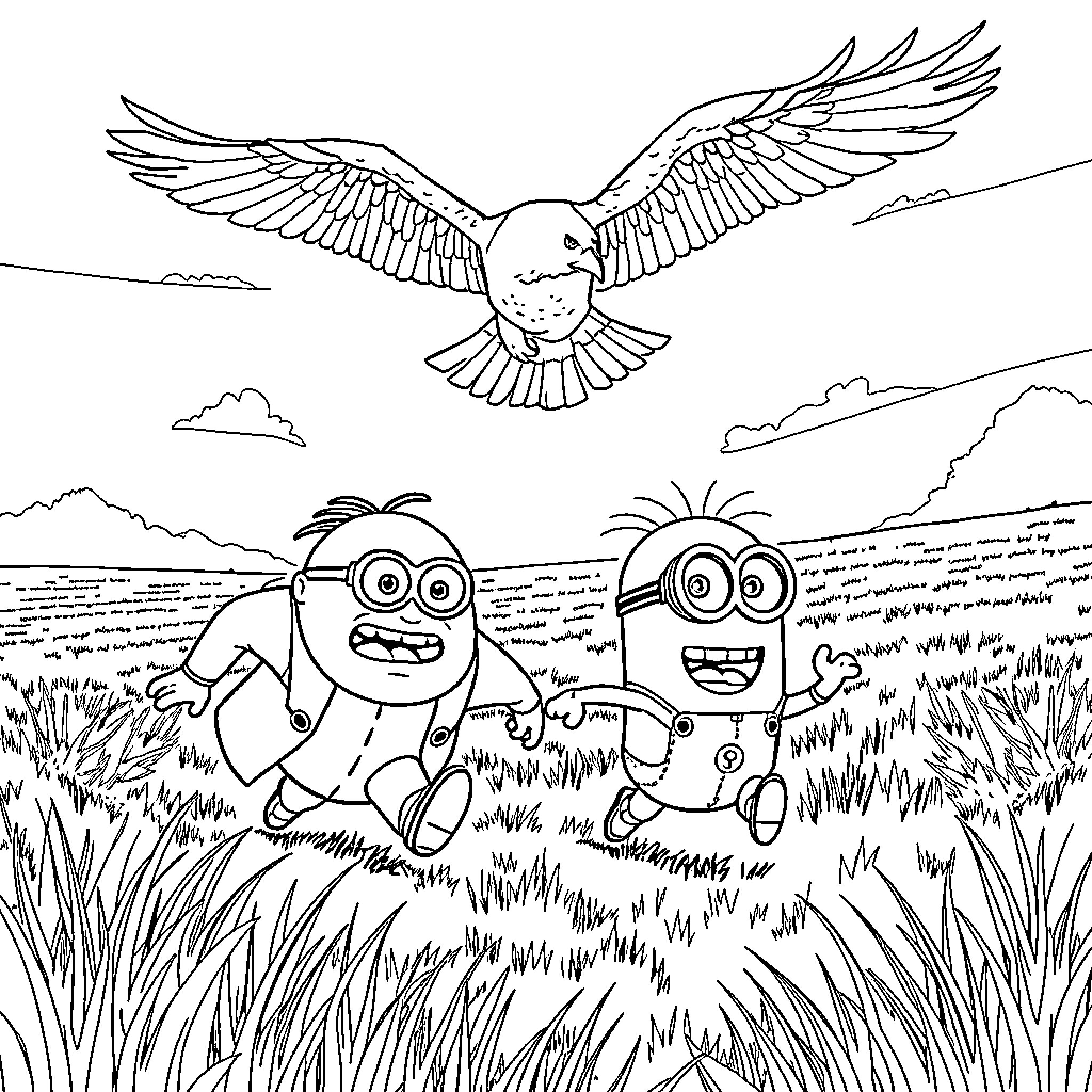 Gru's Minions Explore Sunny Meadow with Soaring Eagle Coloring Page (free black-and-white line drawing printable PDF for all, from beginners to advanced learners, including children, teens, adults, and seniors)