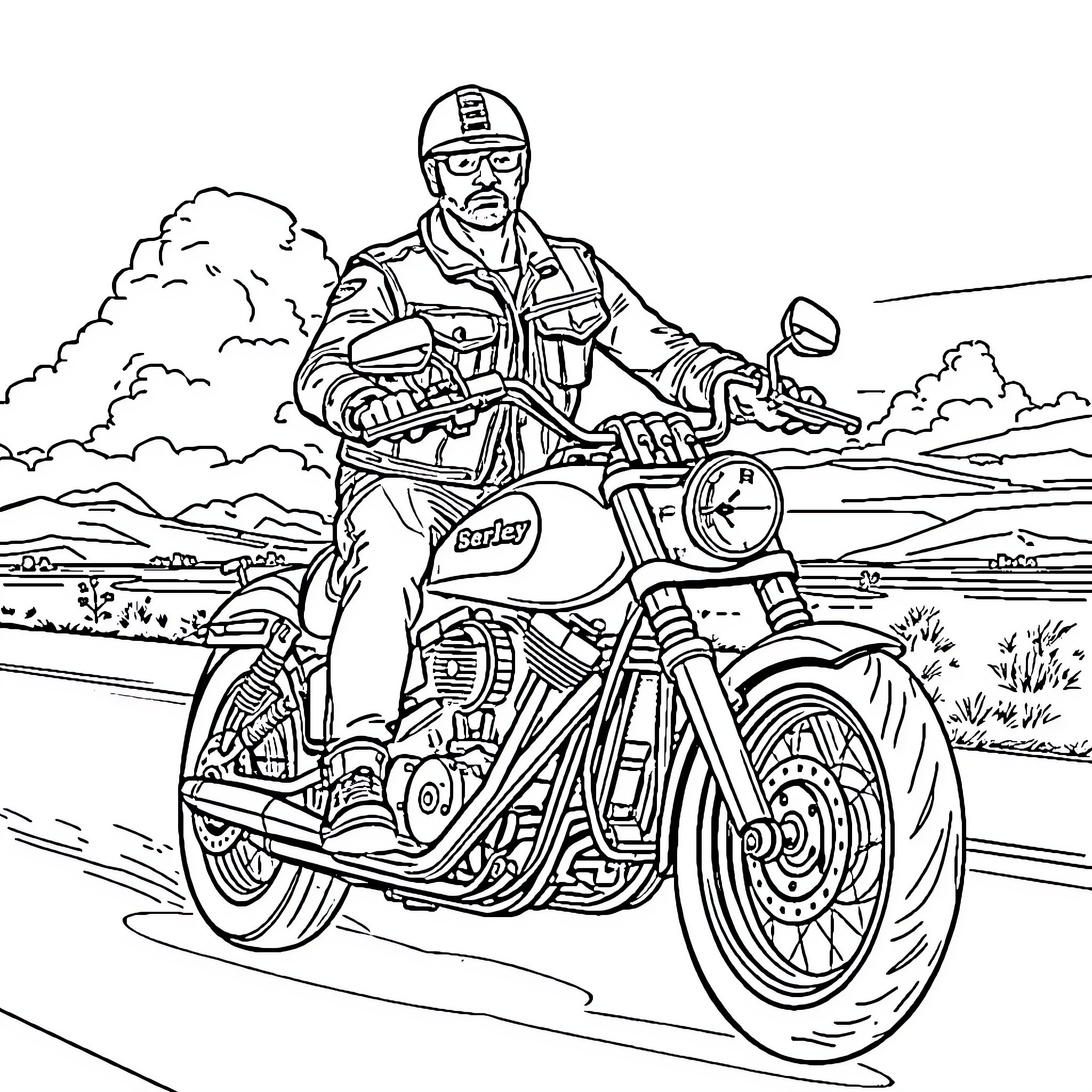 Sargent riding motorcycle through rugged landscape Coloring Page (free black-and-white line drawing printable PDF for all, from beginners to advanced learners, including children, teens, adults, and seniors)