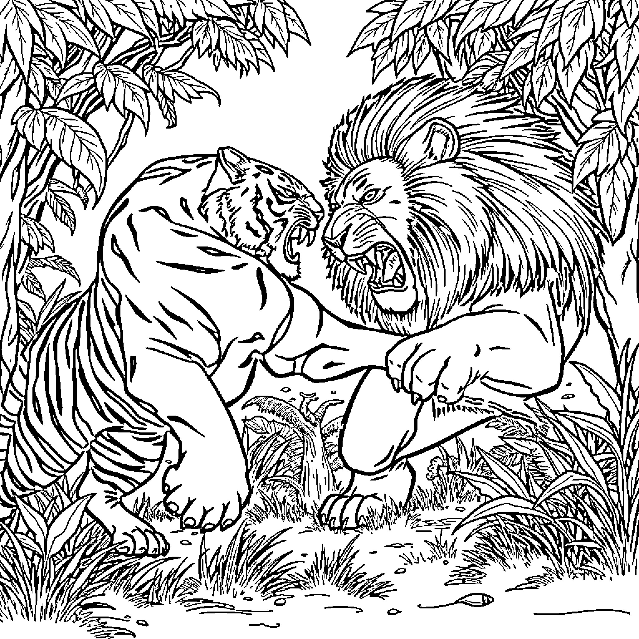 Tiger in Fierce Combat with Lion in the Jungle Coloring Page (free black-and-white line drawing printable PDF for all, from beginners to advanced learners, including children, teens, adults, and seniors)