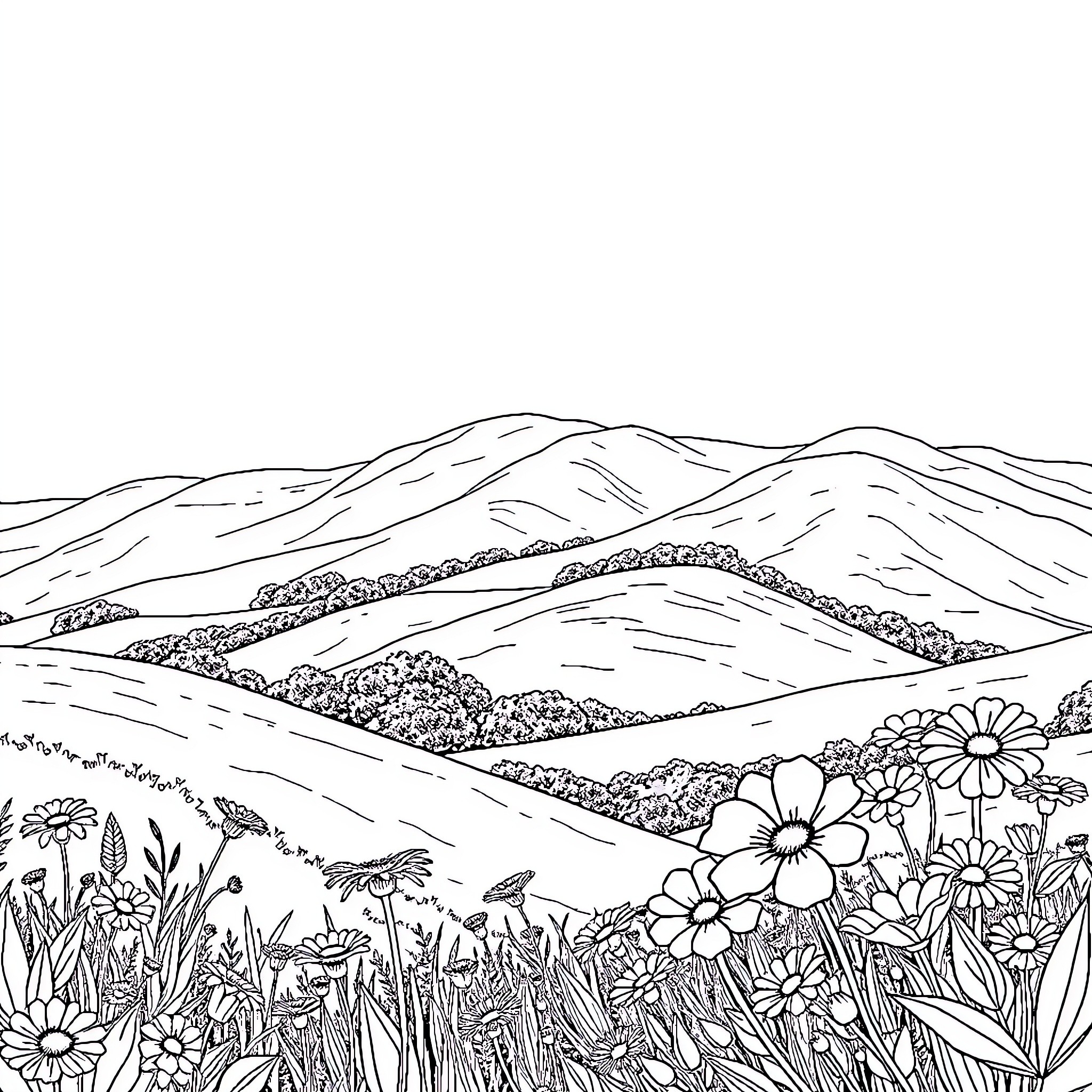 Nature's Serene Landscape with Blooming Flowers Coloring Page (free black-and-white line drawing printable PDF for all, from beginners to advanced learners, including children, teens, adults, and seniors)