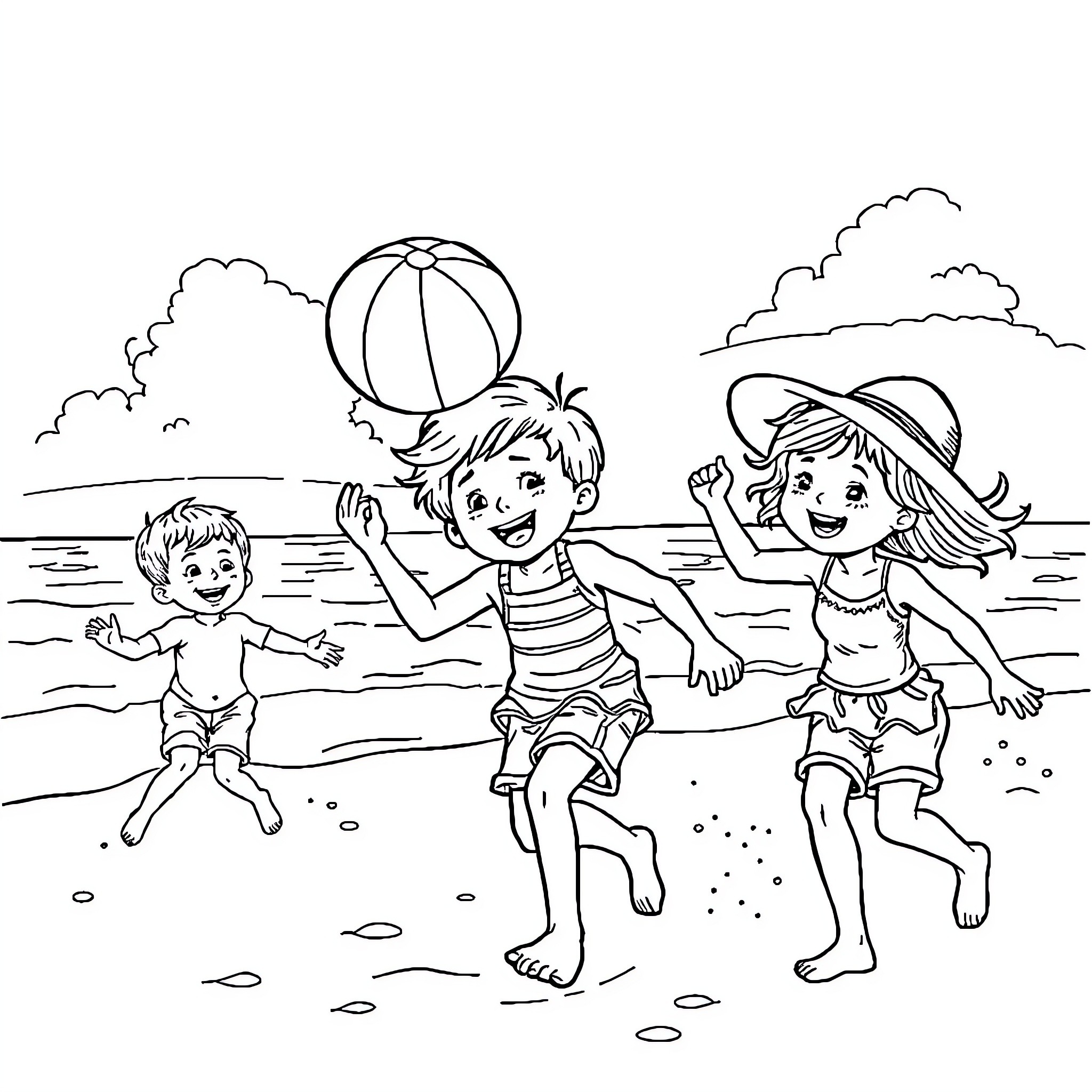 Kid playing and having fun on the beach Coloring Page (free black-and-white line drawing printable PDF for all, from beginners to advanced learners, including children, teens, adults, and seniors)