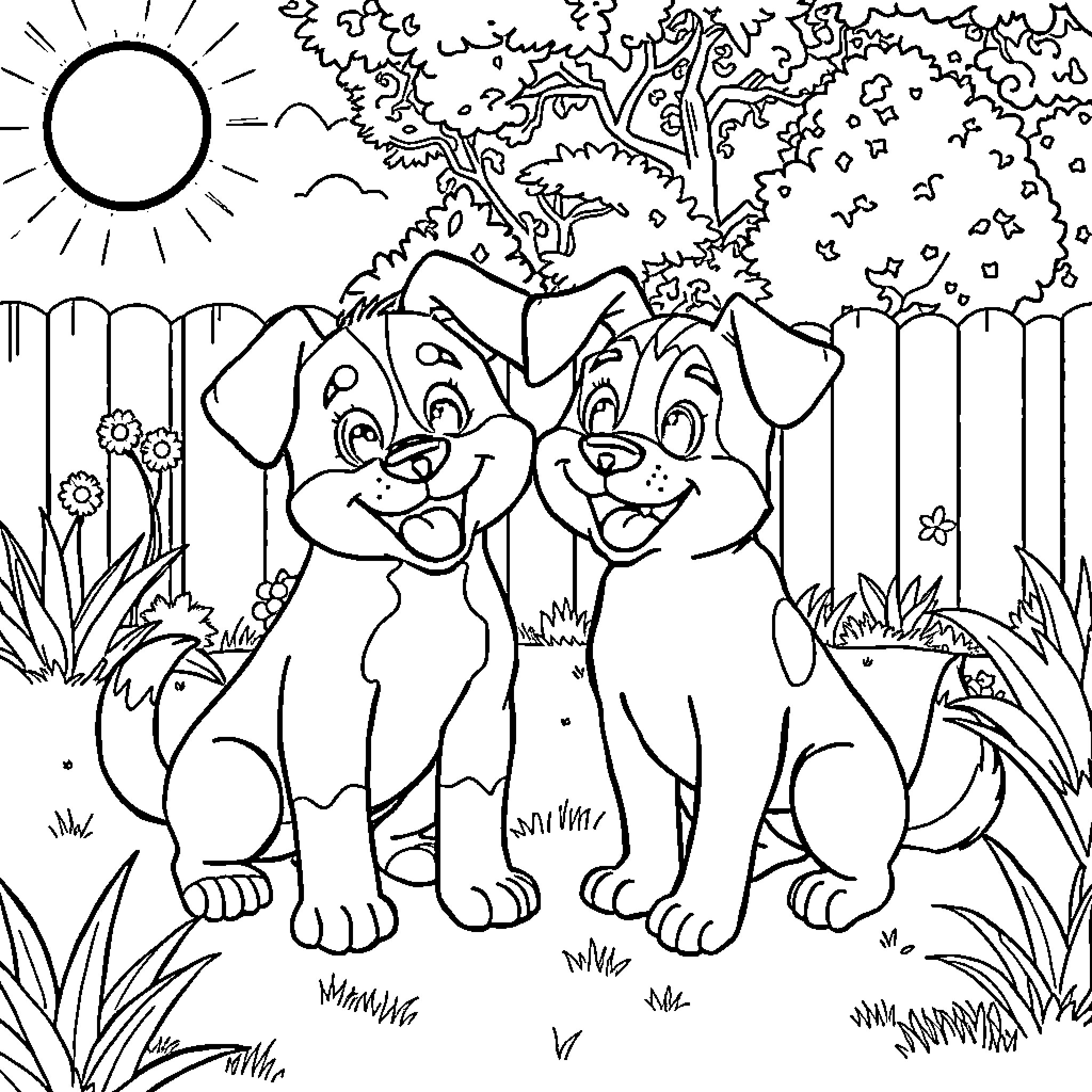 Bluey's Playful Pups in the Garden Coloring Page (free black-and-white line drawing printable PDF for all, from beginners to advanced learners, including children, teens, adults, and seniors)