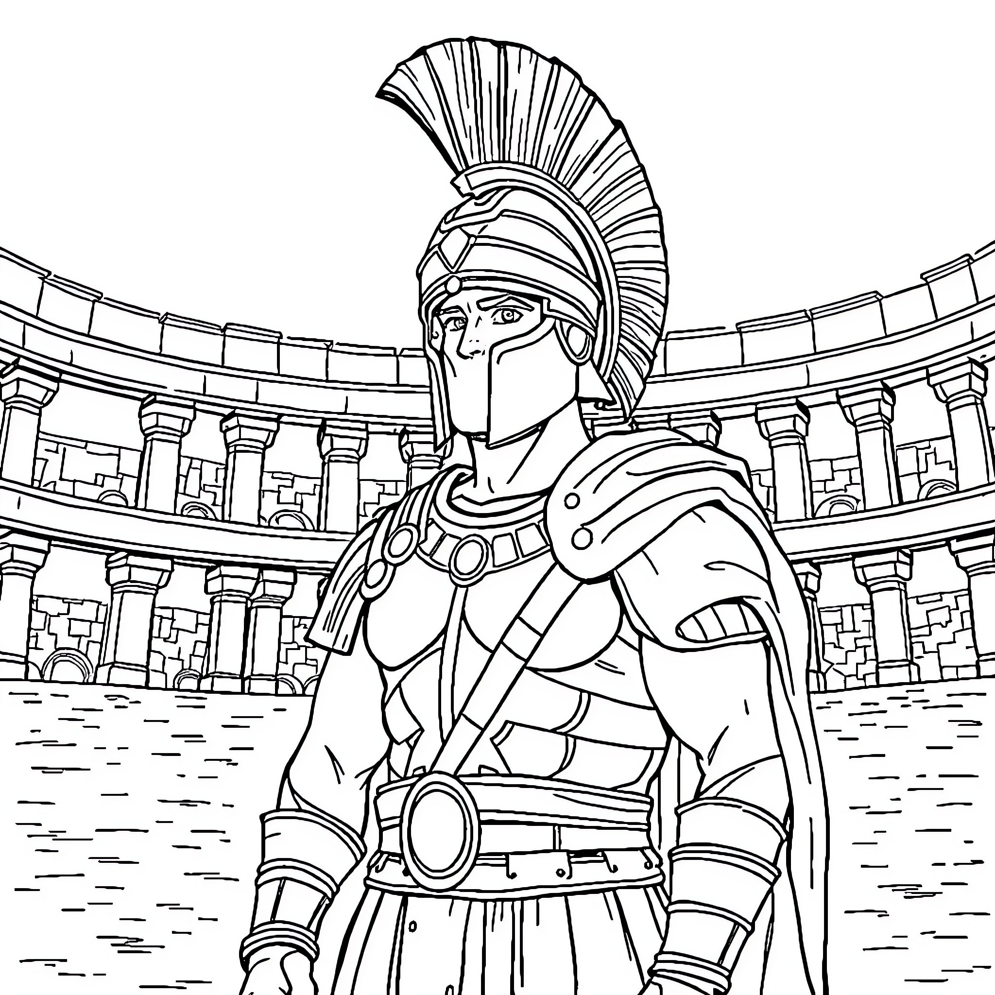 Centurion warrior in ancient Roman arena Coloring Page (free black-and-white line drawing printable PDF for all, from beginners to advanced learners, including children, teens, adults, and seniors)
