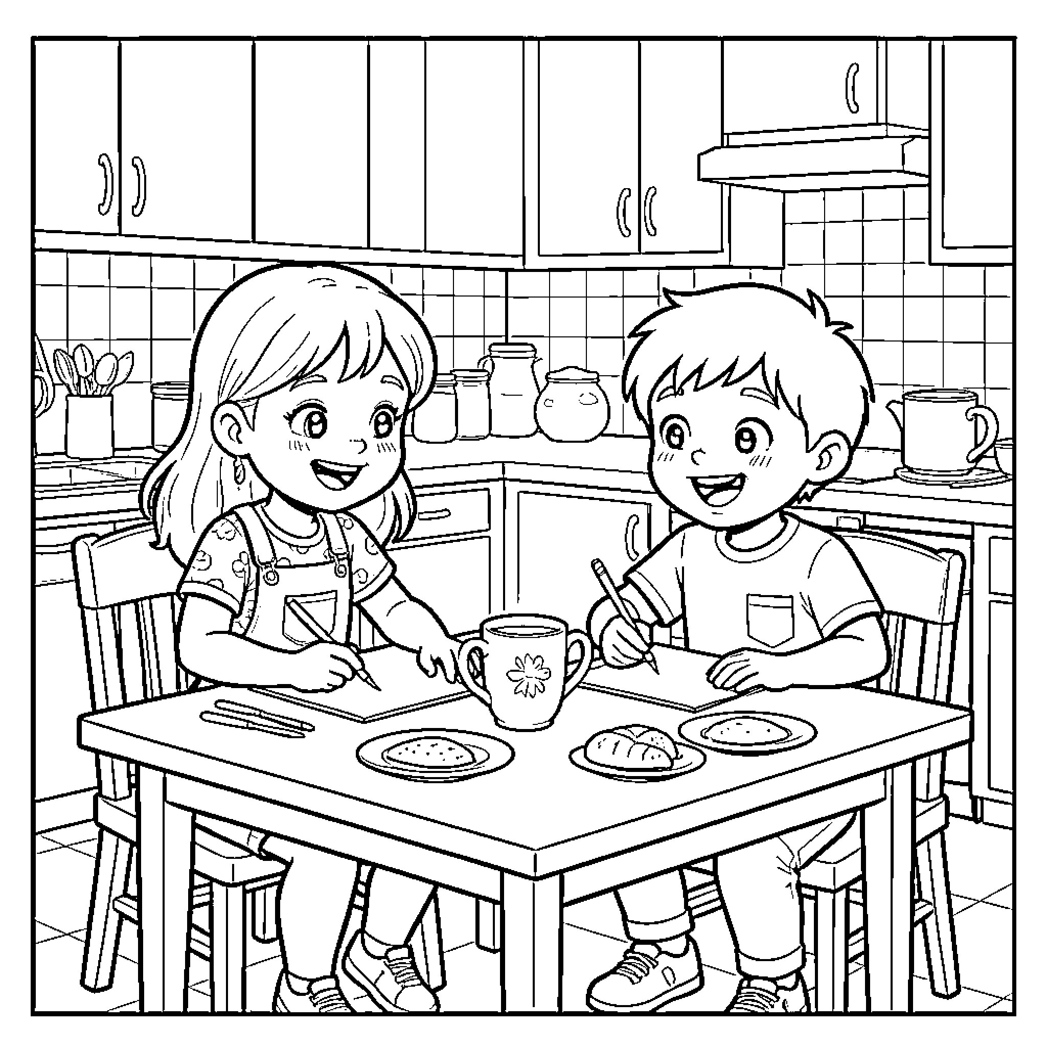Nina and Niko Enjoy a Meal Together Coloring Page (free black-and-white line drawing printable PDF for all, from beginners to advanced learners, including children, teens, adults, and seniors)