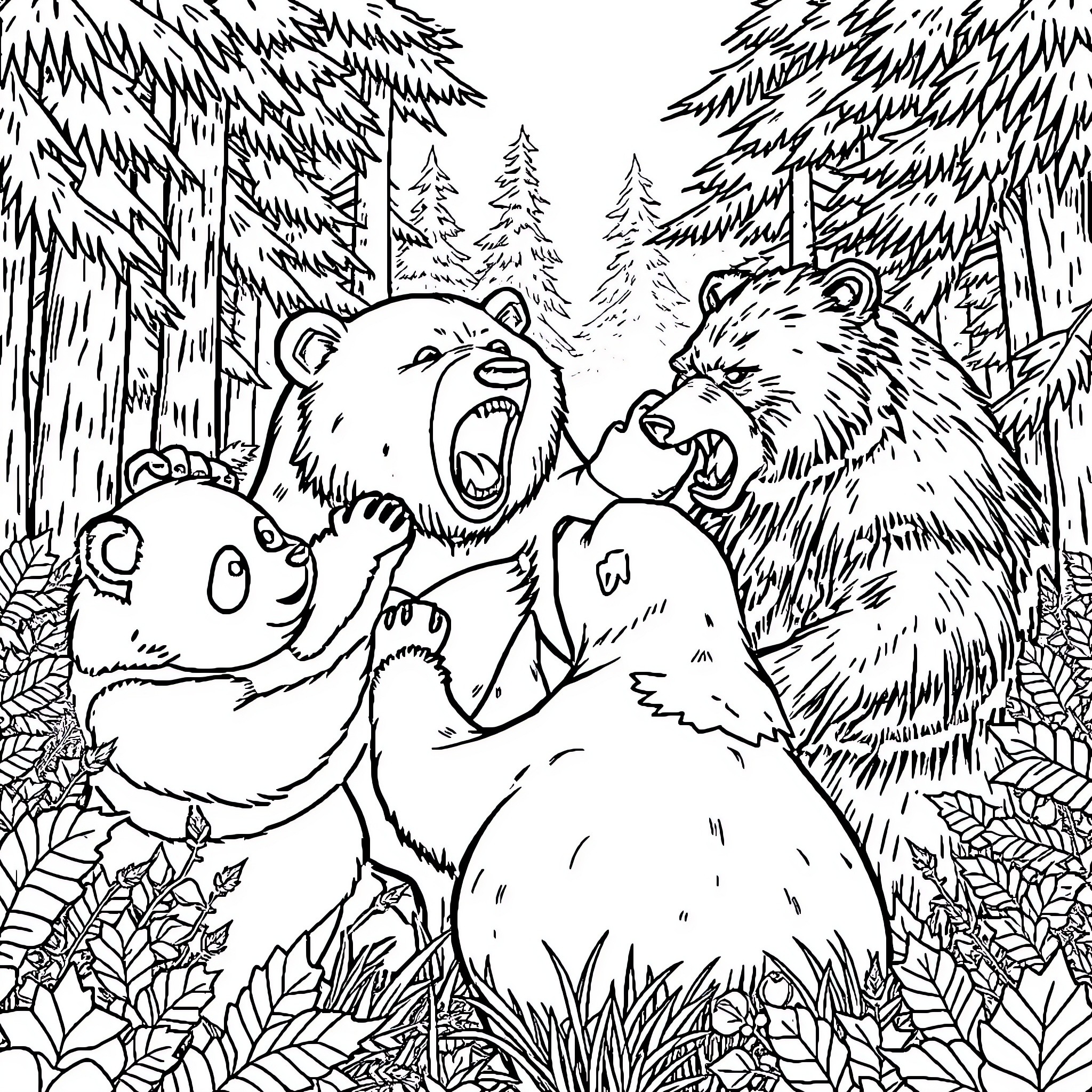 Bears Fighting Playfully in the Forest Coloring Page (free black-and-white line drawing printable PDF for all, from beginners to advanced learners, including children, teens, adults, and seniors)