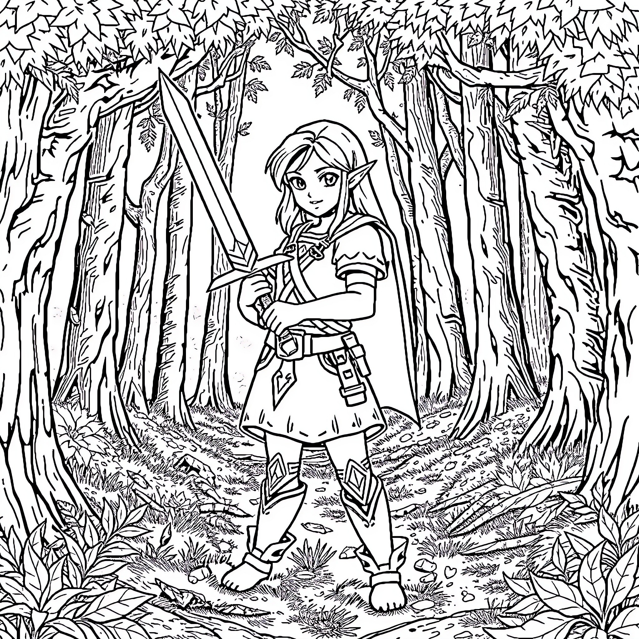 Zelda Adventuring Through the Enchanted Forest Coloring Page (free black-and-white line drawing printable PDF for all, from beginners to advanced learners, including children, teens, adults, and seniors)