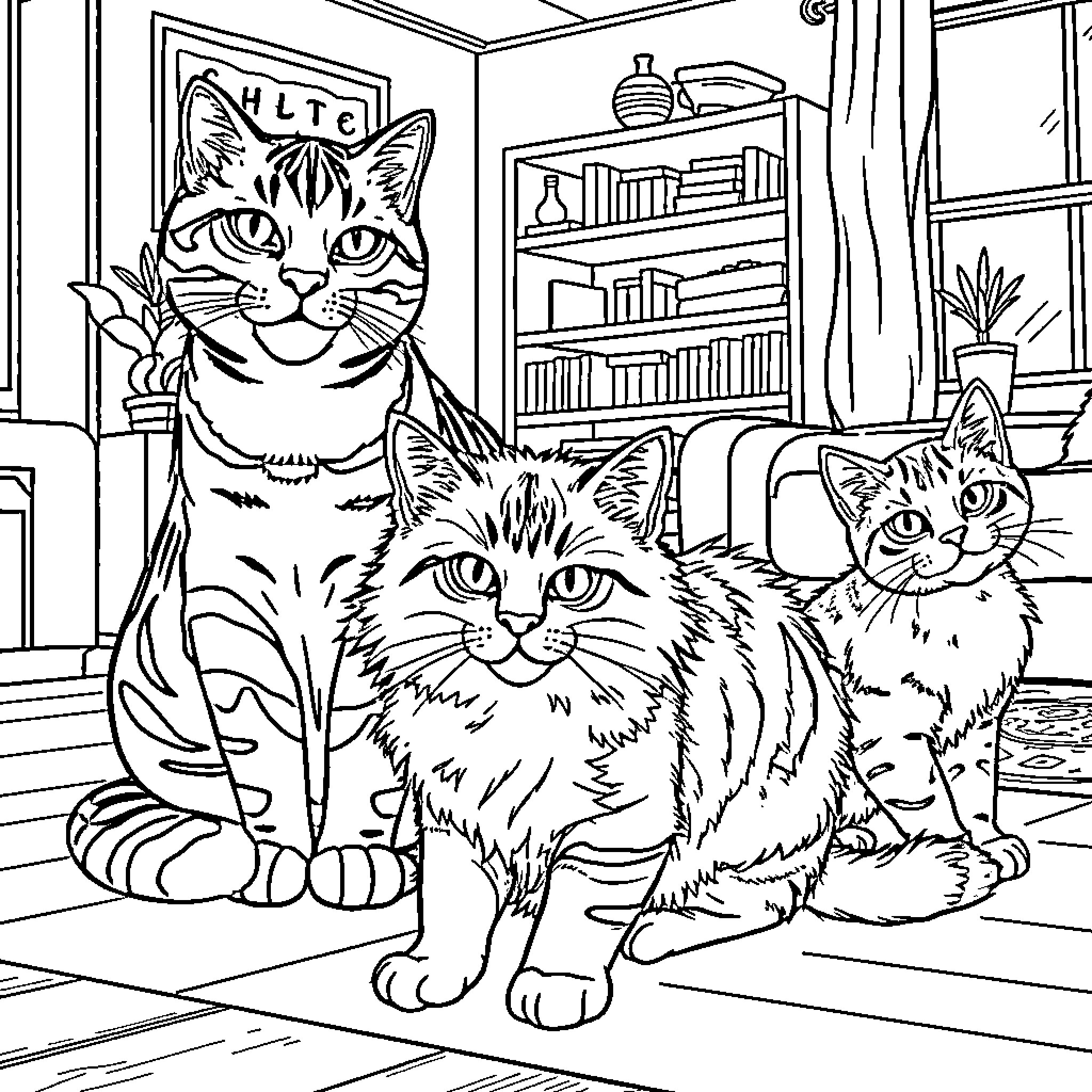 Cat Trio in Cozy Indoor Setting Coloring Page (free black-and-white line drawing printable PDF for all, from beginners to advanced learners, including children, teens, adults, and seniors)