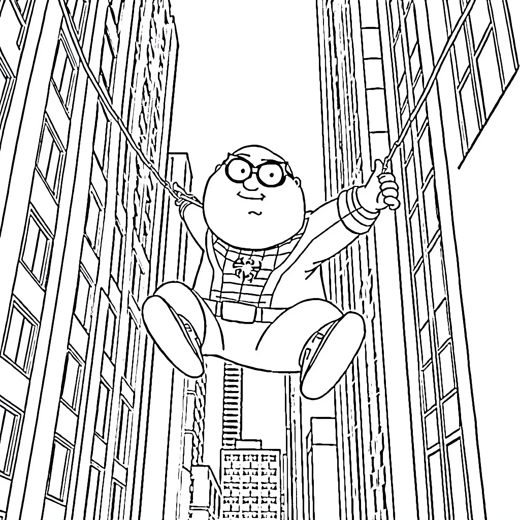 Peter Griffin exploring the city skyline Coloring Page (free black-and-white line drawing printable PDF for all, from beginners to advanced learners, including children, teens, adults, and seniors)