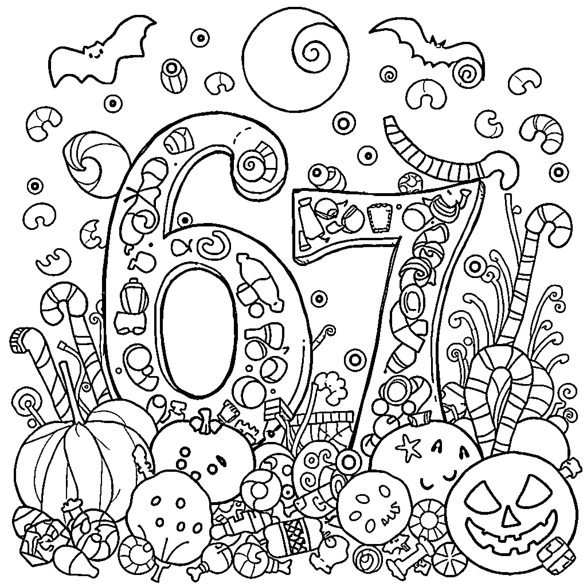 Number 67: Whimsical Halloween-themed doodle illustration Coloring Page (free black-and-white line drawing printable PDF for all, from beginners to advanced learners, including children, teens, adults, and seniors)