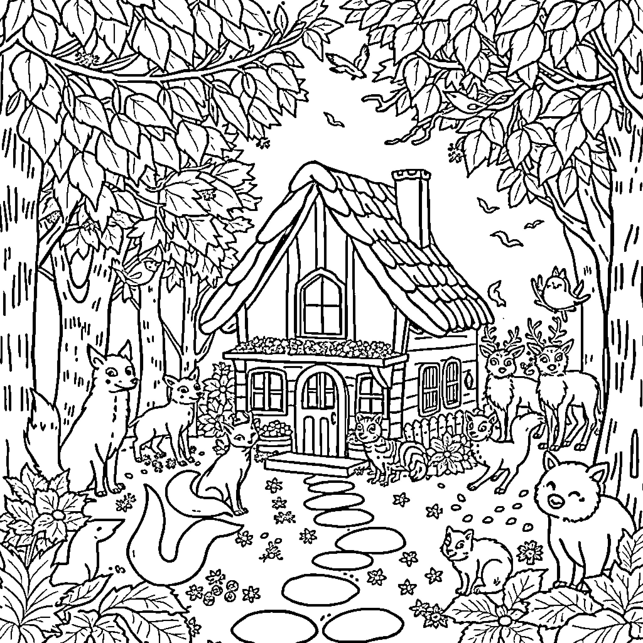 Forest Animal Scene with Woodland Cottage Coloring Page (free black-and-white line drawing printable PDF for all, from beginners to advanced learners, including children, teens, adults, and seniors)