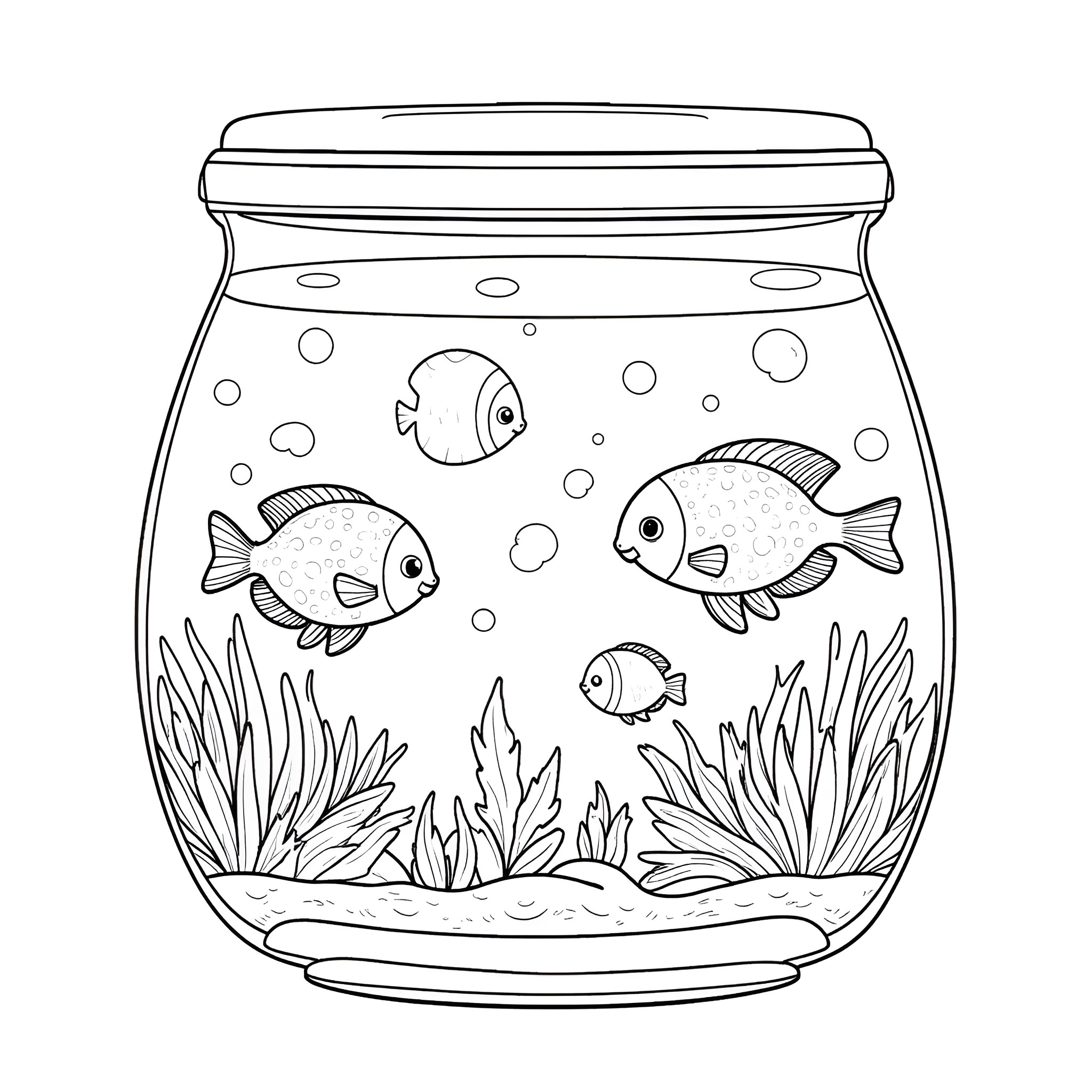 Fish in a glass aquarium Coloring Page (free black-and-white line drawing printable PDF for all, from beginners to advanced learners, including children, teens, adults, and seniors)