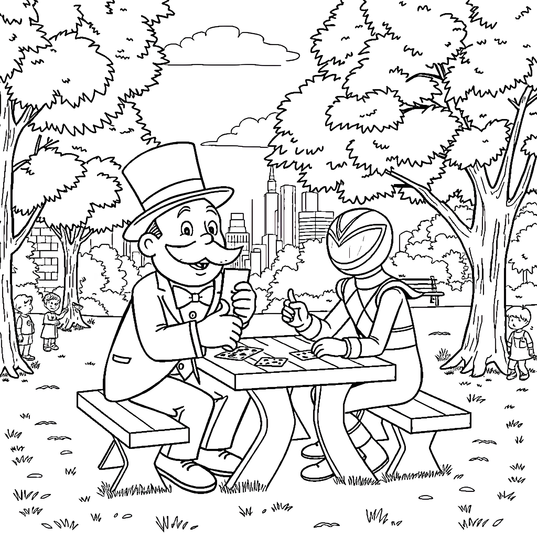 Monopoly Guy playing game with friend in park Coloring Page (free black-and-white line drawing printable PDF for all, from beginners to advanced learners, including children, teens, adults, and seniors)