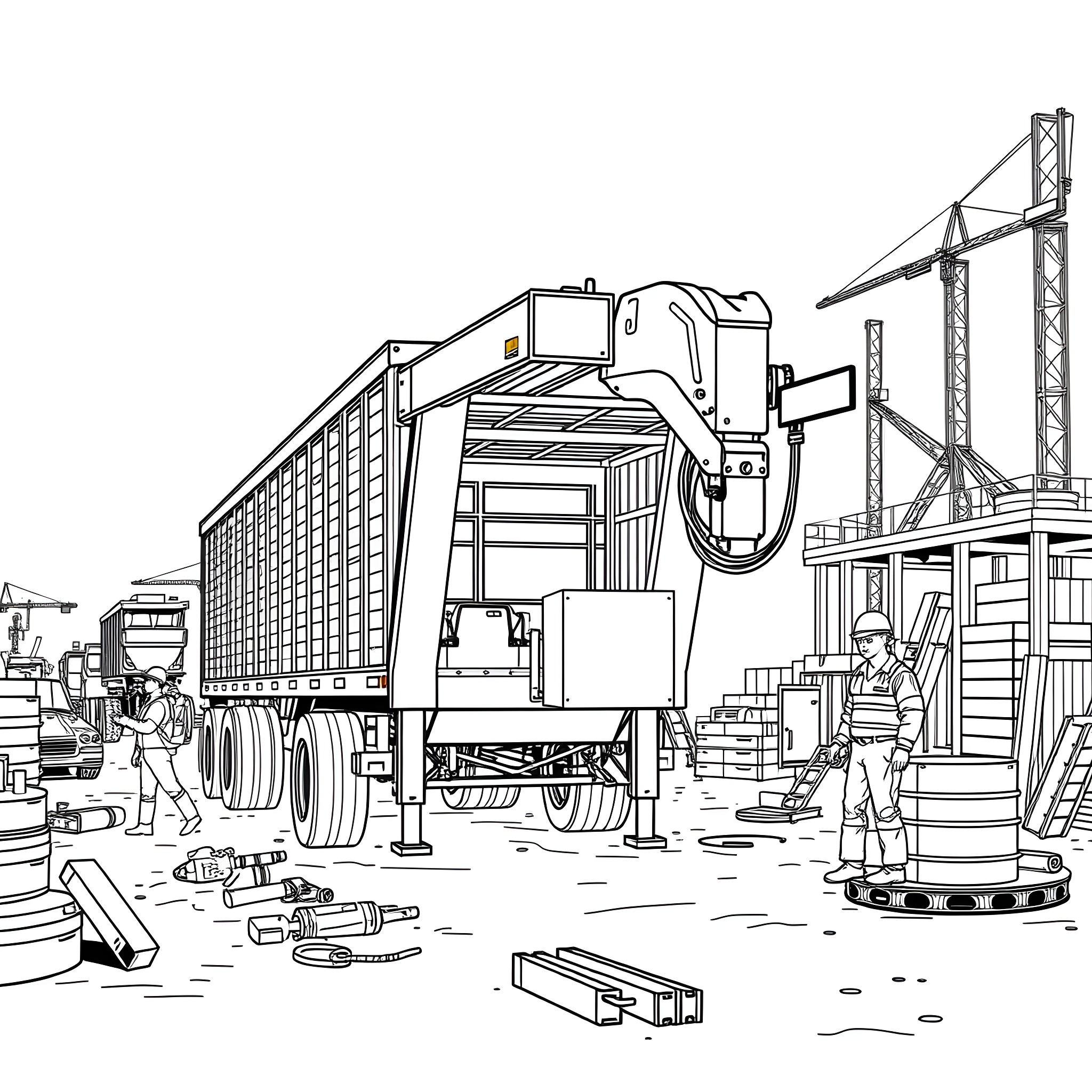 Gooseneck Trailer Loaded with Equipment at Construction Site Coloring Page (free black-and-white line drawing printable PDF for all, from beginners to advanced learners, including children, teens, adults, and seniors)