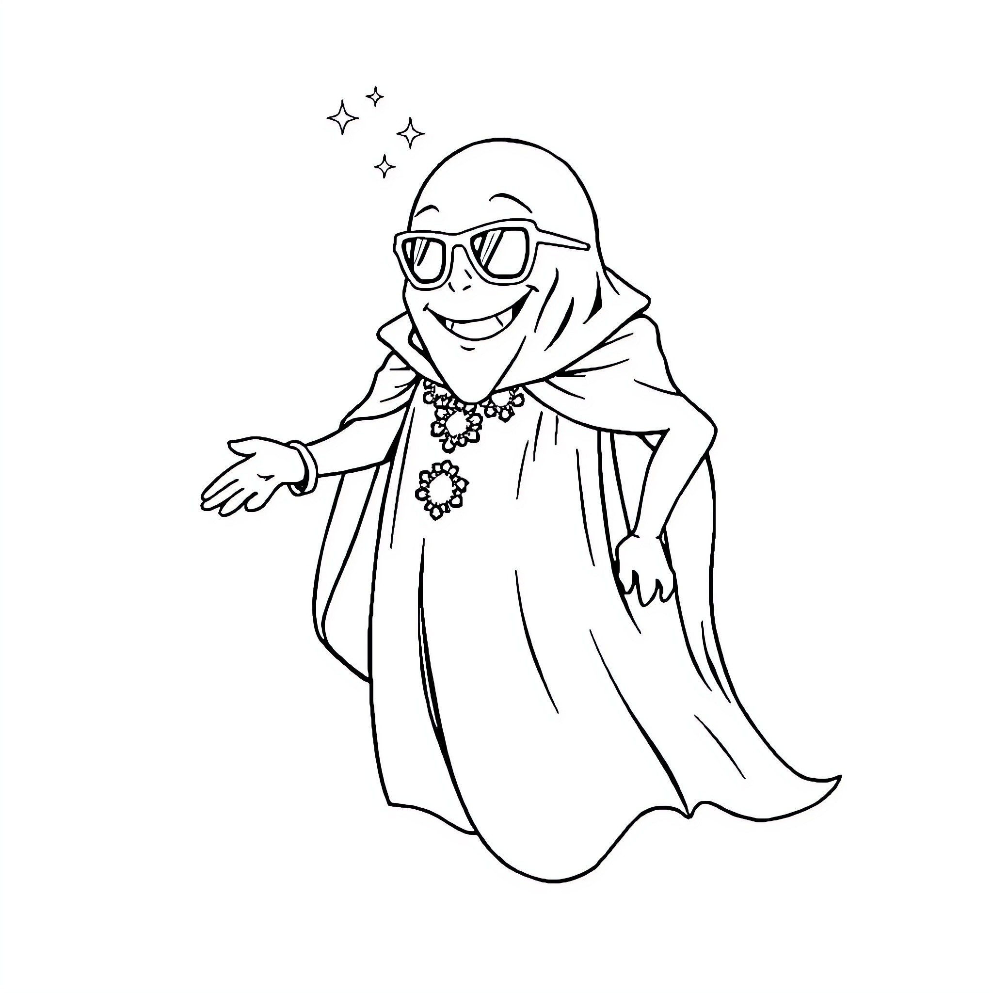 Ghost wearing sunglasses and a decorative cloak Coloring Page (free black-and-white line drawing printable PDF for all, from beginners to advanced learners, including children, teens, adults, and seniors)