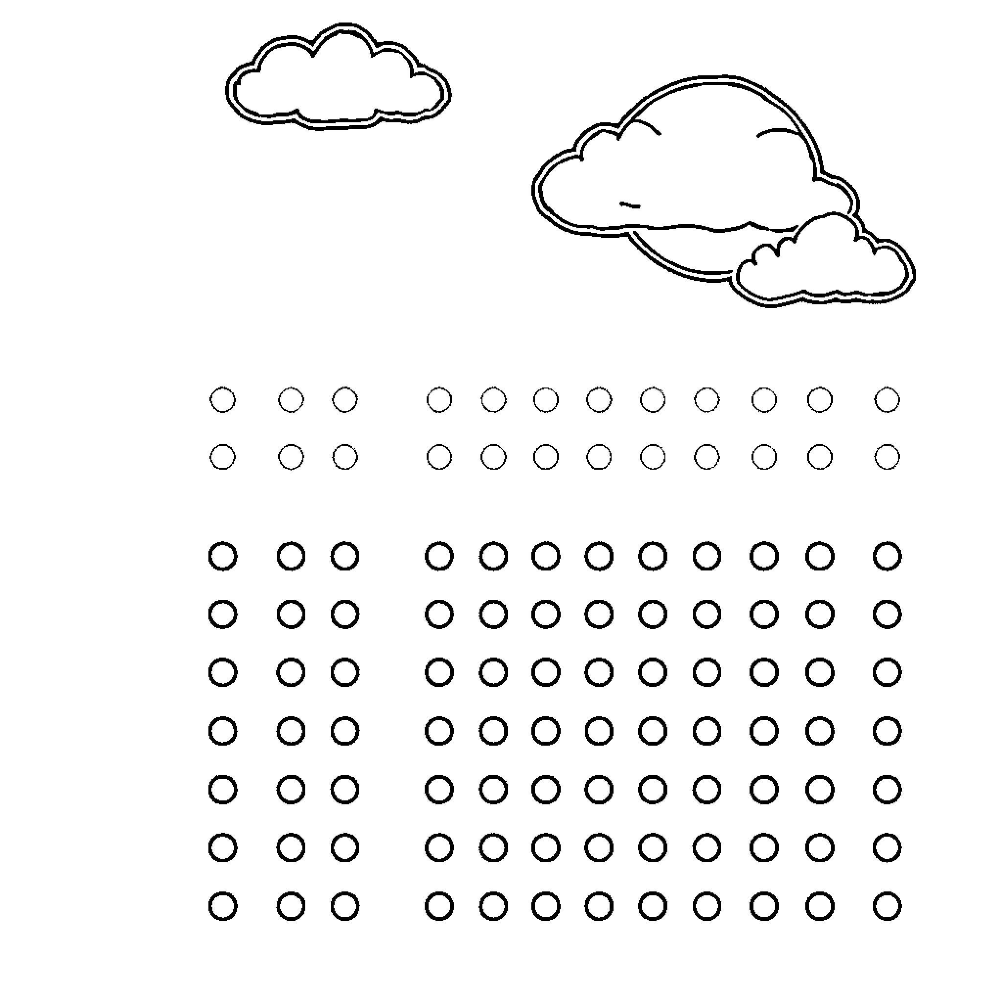 Dot to Dot Clouds and Raindrops Coloring Page (free black-and-white line drawing printable PDF for all, from beginners to advanced learners, including children, teens, adults, and seniors)